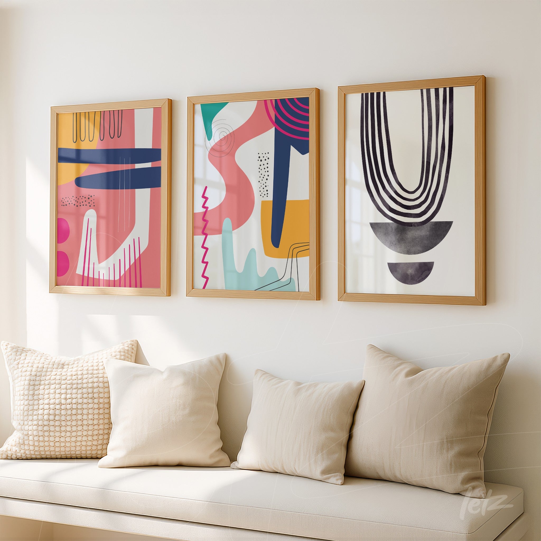 coleção de três quadros modernos com arte boho em molduras de madeira clara sobre parede branca