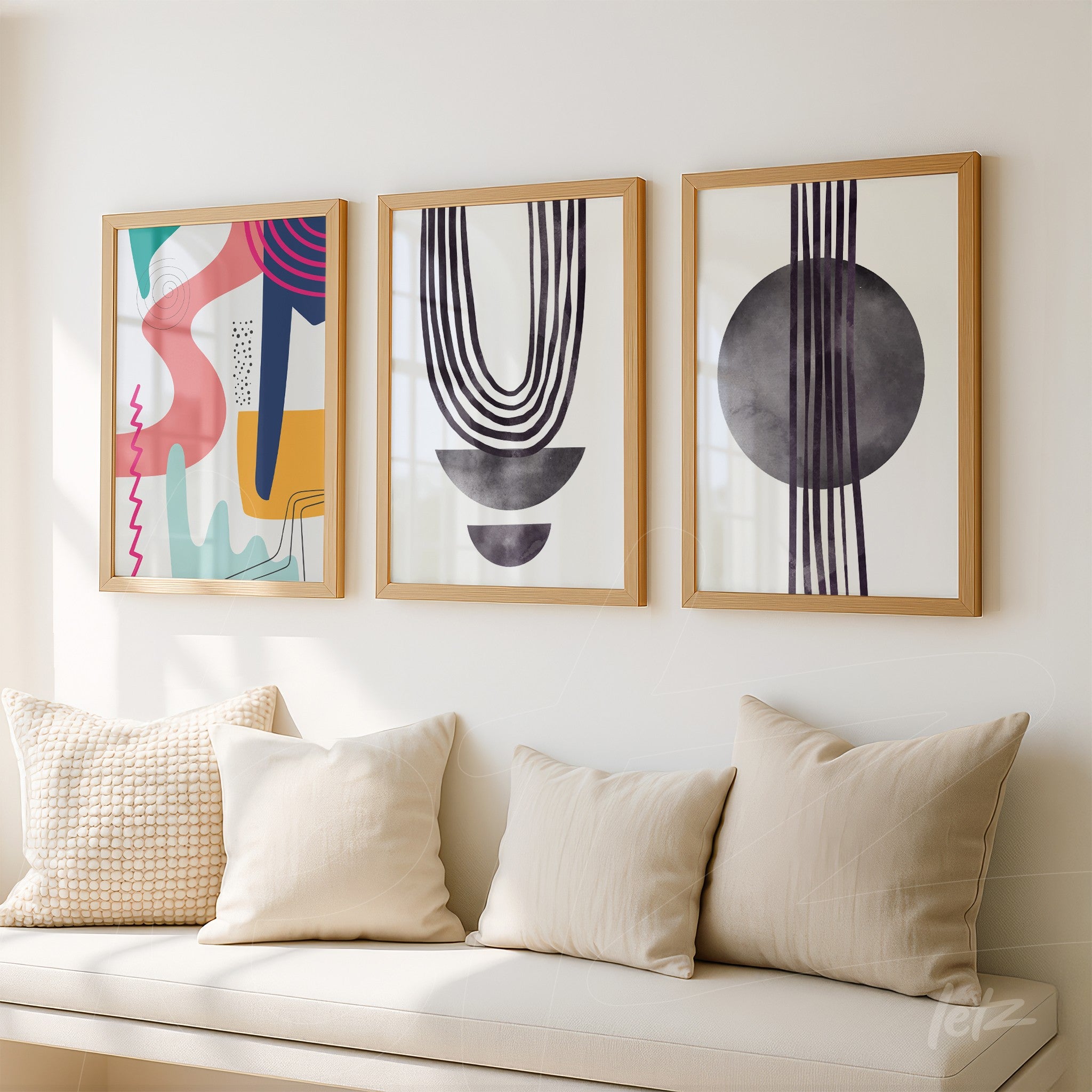 coleção de três quadros abstratos com moldura de madeira clara em parede neutra