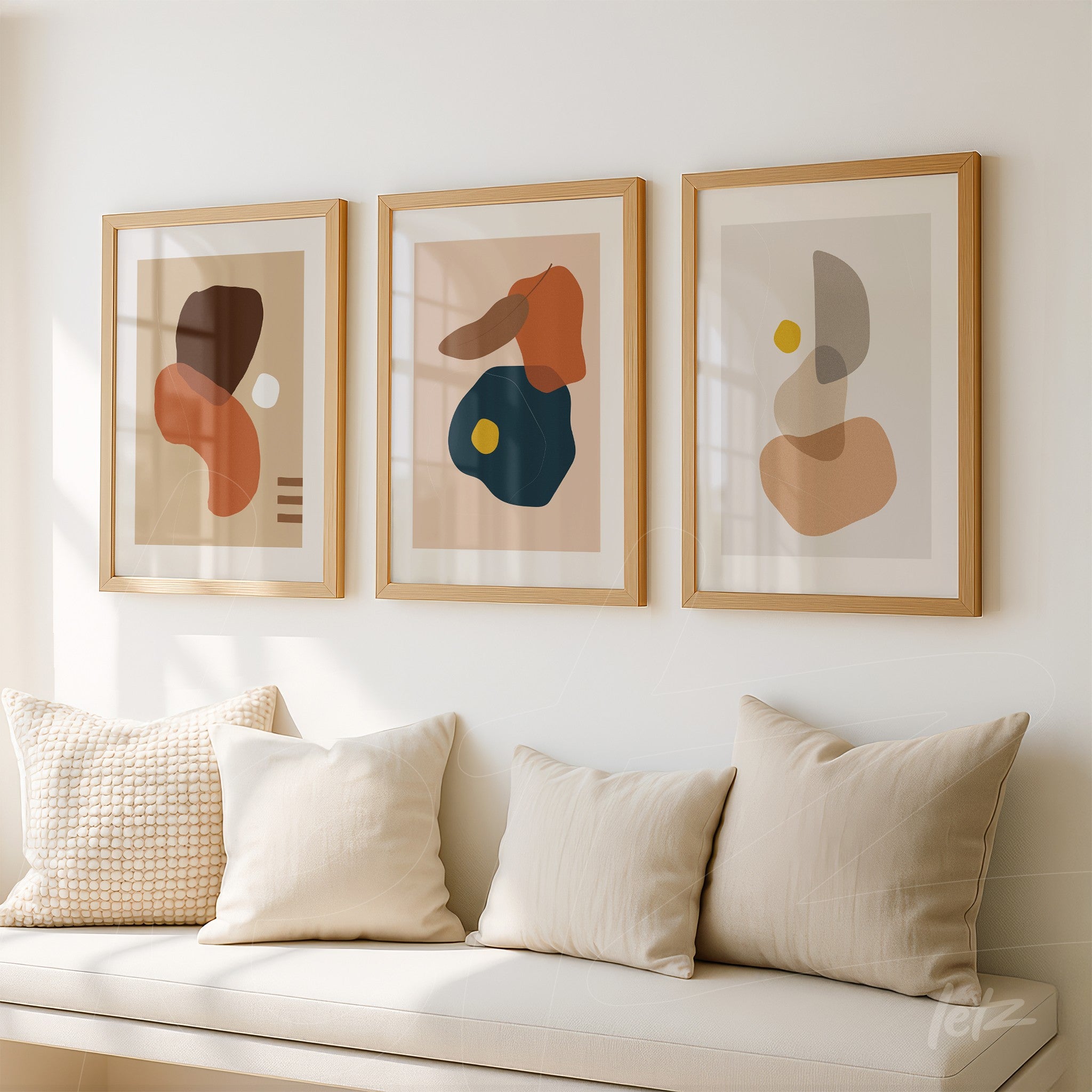 conjunto de três quadros abstratos em molduras de madeira clara exibidos em parede branca acima de um banco acolchoado