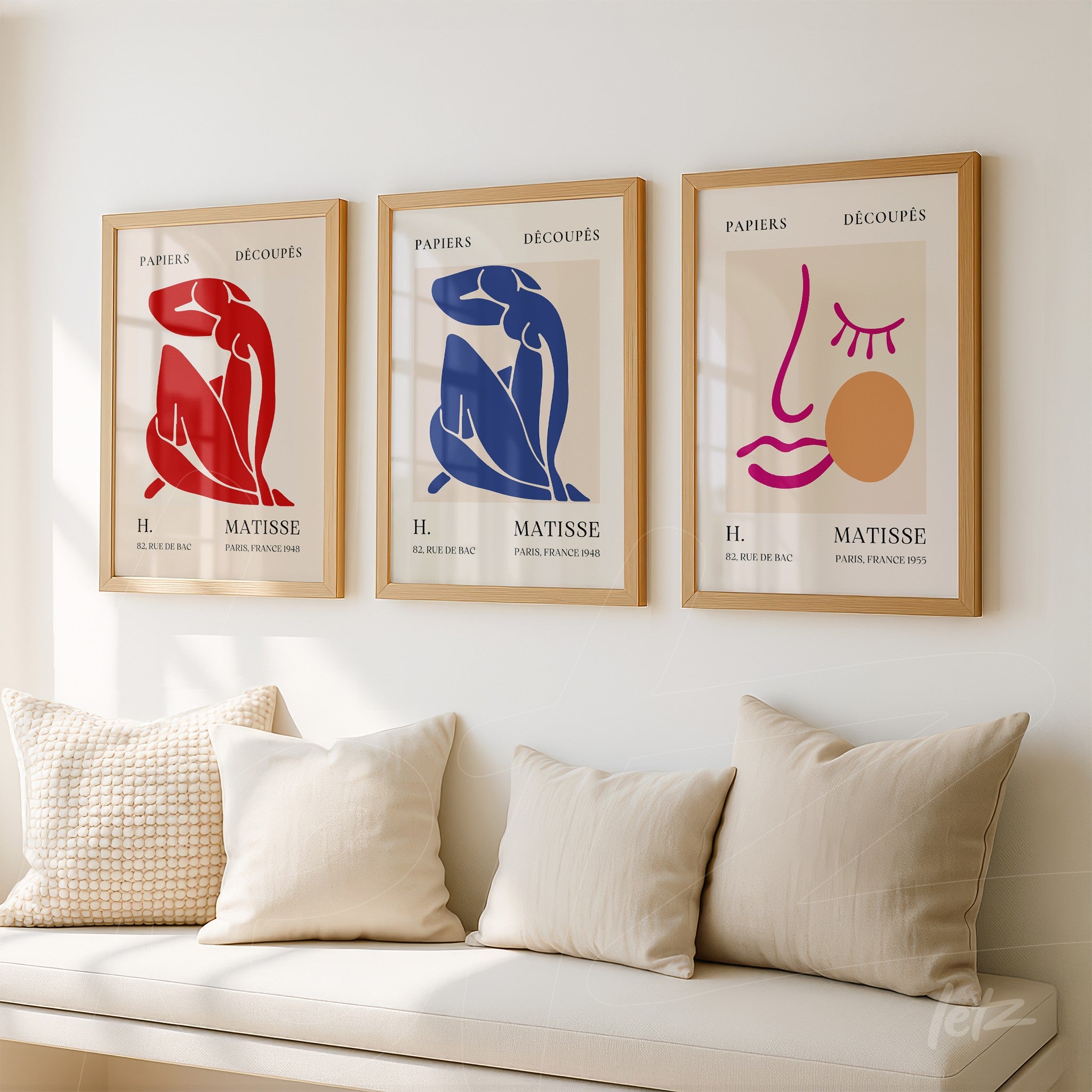 série de quadros decorativos com arte de Matisse em moldura de madeira clara, destacando figuras humanas em vermelho, azul e traços faciais em fundo neutro