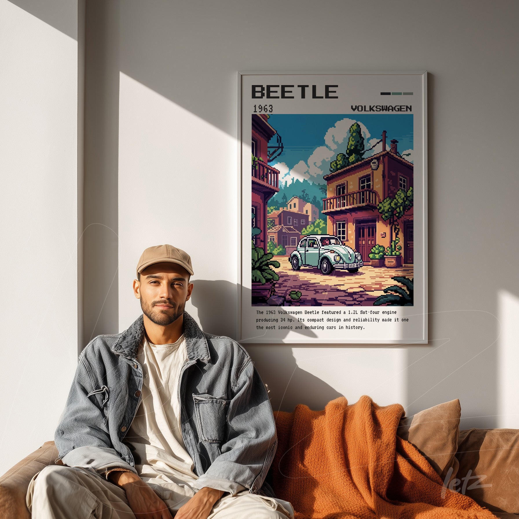 quadro com arte retrô do carro Volkswagen Beetle em moldura branca em ambiente aconchegante