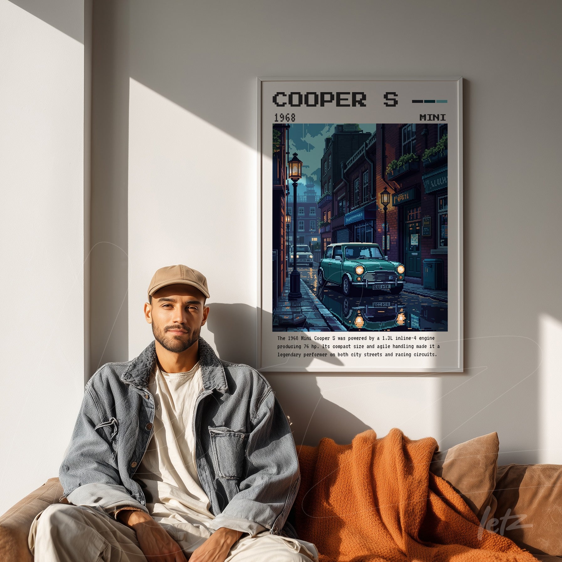 quadro com arte retrô do carro cooper s em moldura branca sobre parede clara, decorado com luzes de rua e arquitetura vintage