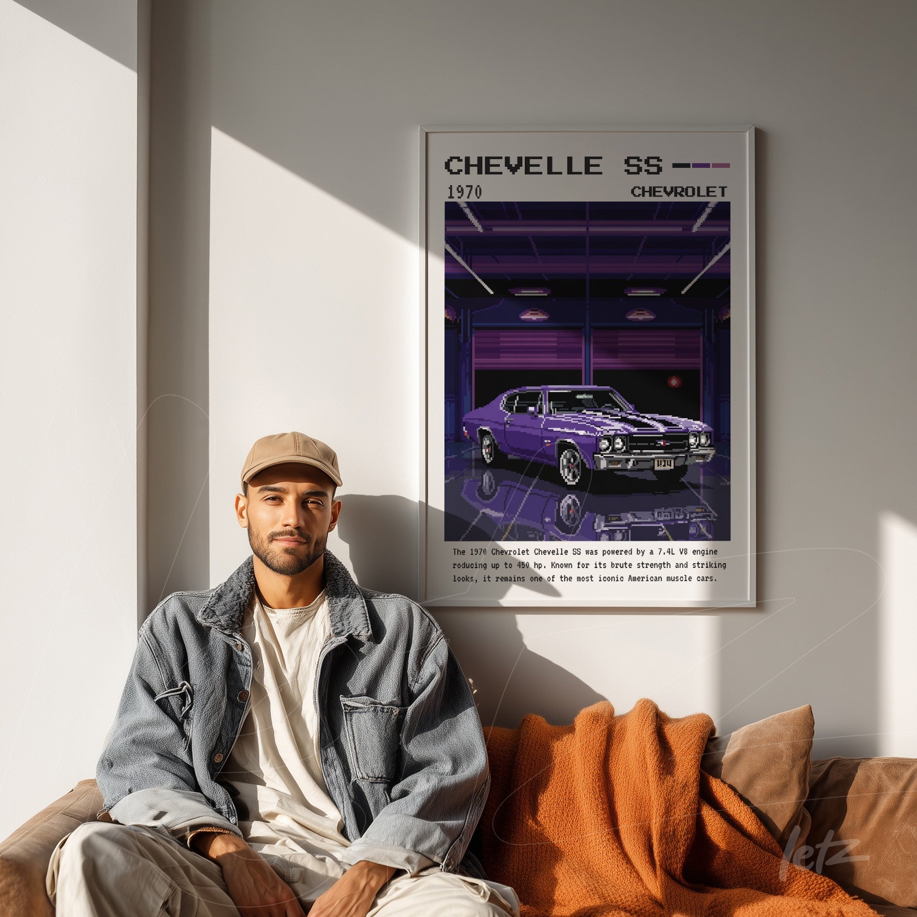 quadro emoldurado com ilustração digital da Chevrolet Chevelle SS 1970 em ambiente moderno com moldura branca
