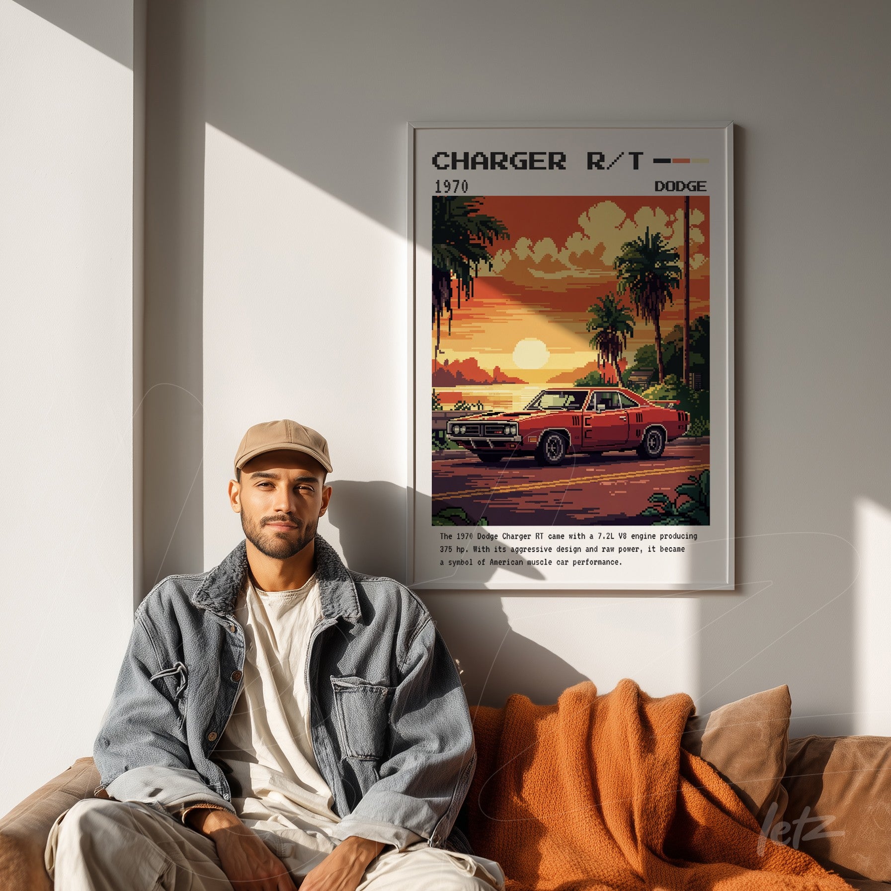 quadro com arte retrô do carro Dodge Charger R/T 1970 em moldura branca, exibido sobre sofá com tecido claro