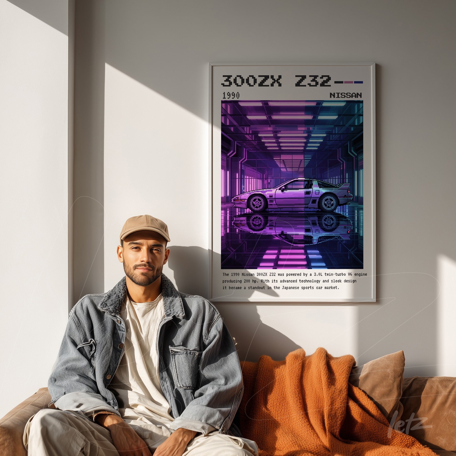 quadro de arte digital do carro Nissan 300ZX Z32 em moldura branca, apresentado em um ambiente minimalista com sofá e mantas
