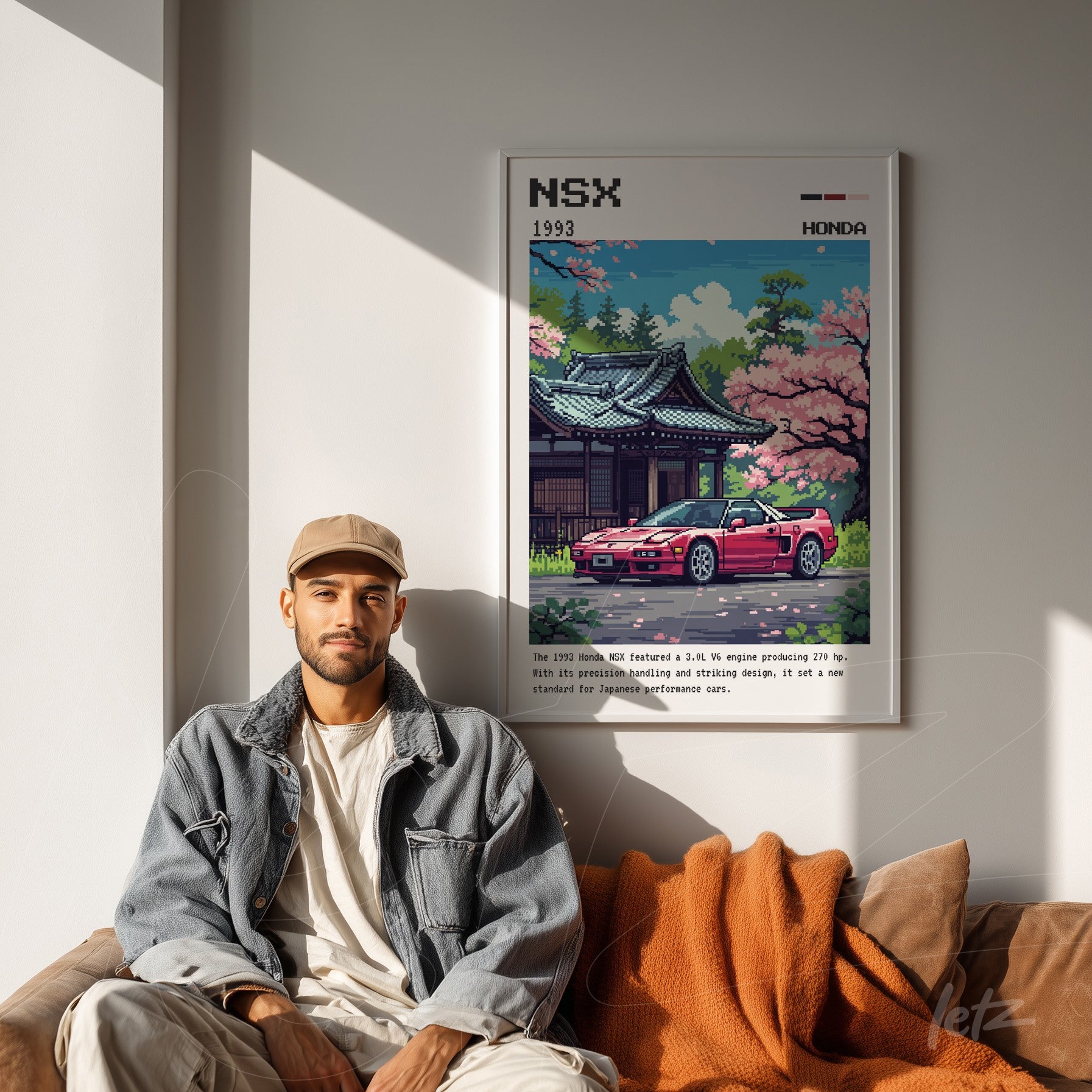 quadro emoldurado com arte retrô do carro NSX Honda em um cenário japonês florido