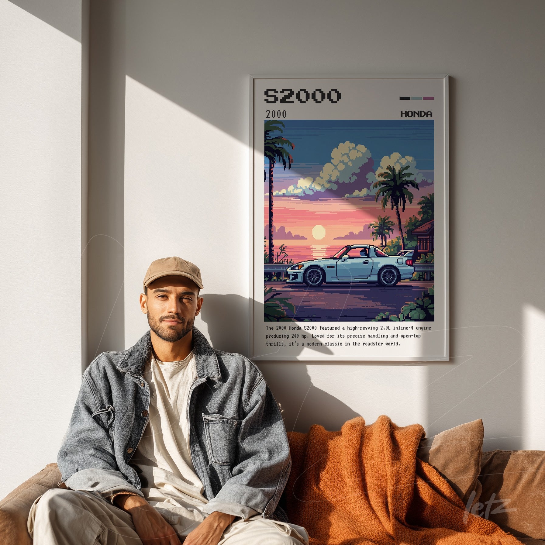 quadro emoldurado com arte digital de carro esportivo em estilo pixel art, cenário tropical e moldura branca