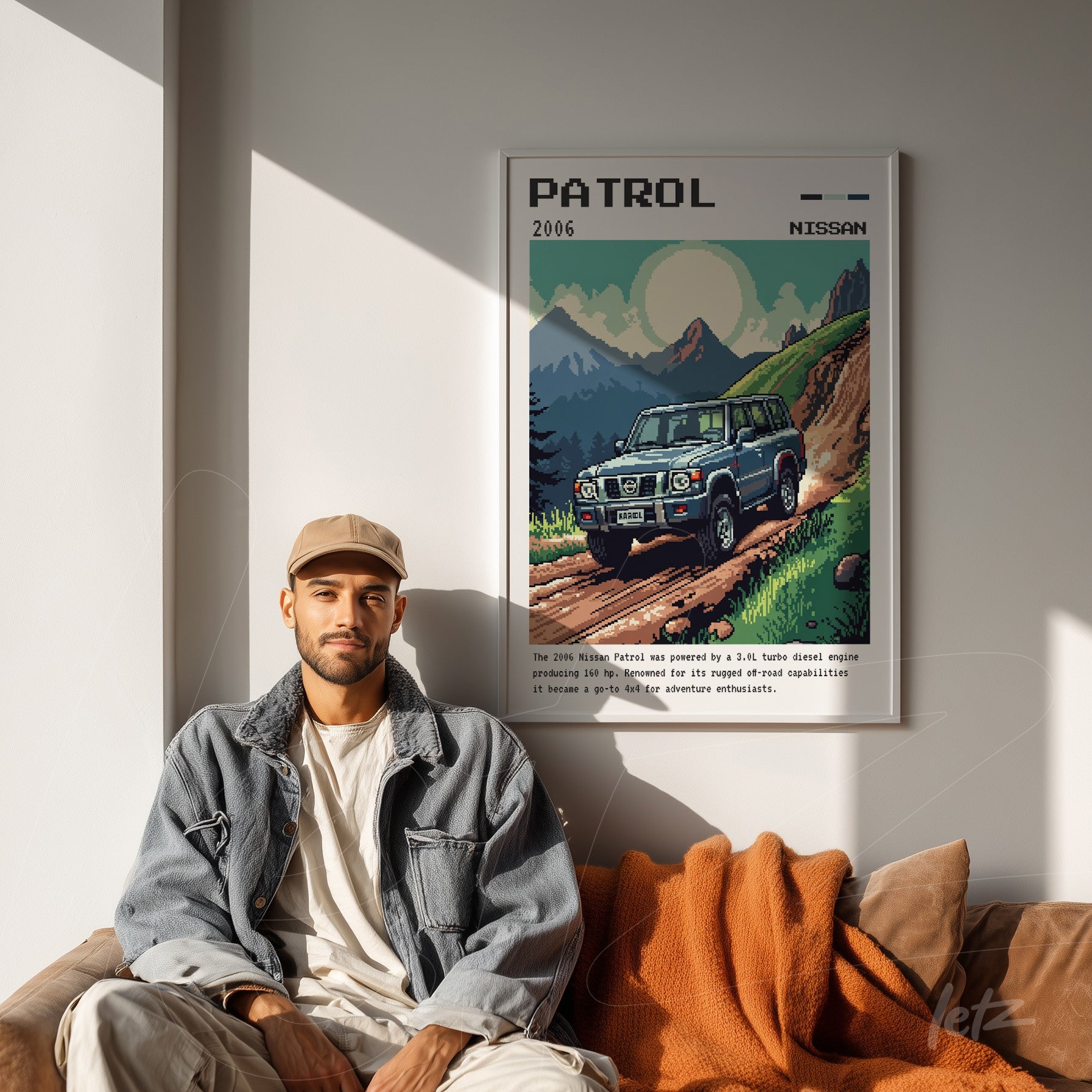 quadro em moldura branca mostrando um carro Nissan Patrol 2006 em uma ilustração pixelada de paisagem montanhosa