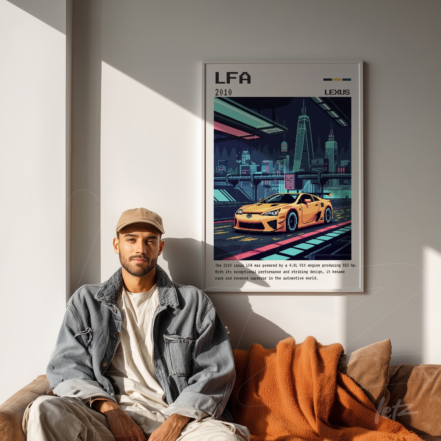 quadro com arte nostálgica do carro Lexus LFA em moldura branca, exposta em uma parede clara com um homem sentado ao lado