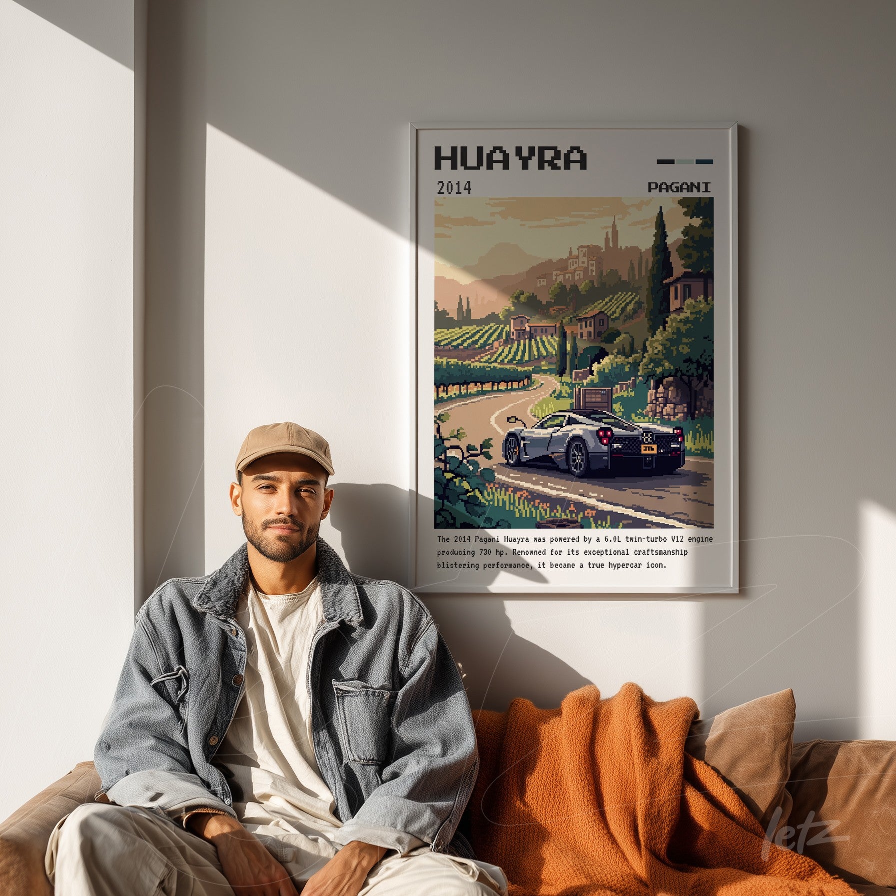 quadro emoldurado com arte digital do carro Pagani Huayra em uma paisagem rural, exibido sobre parede clara