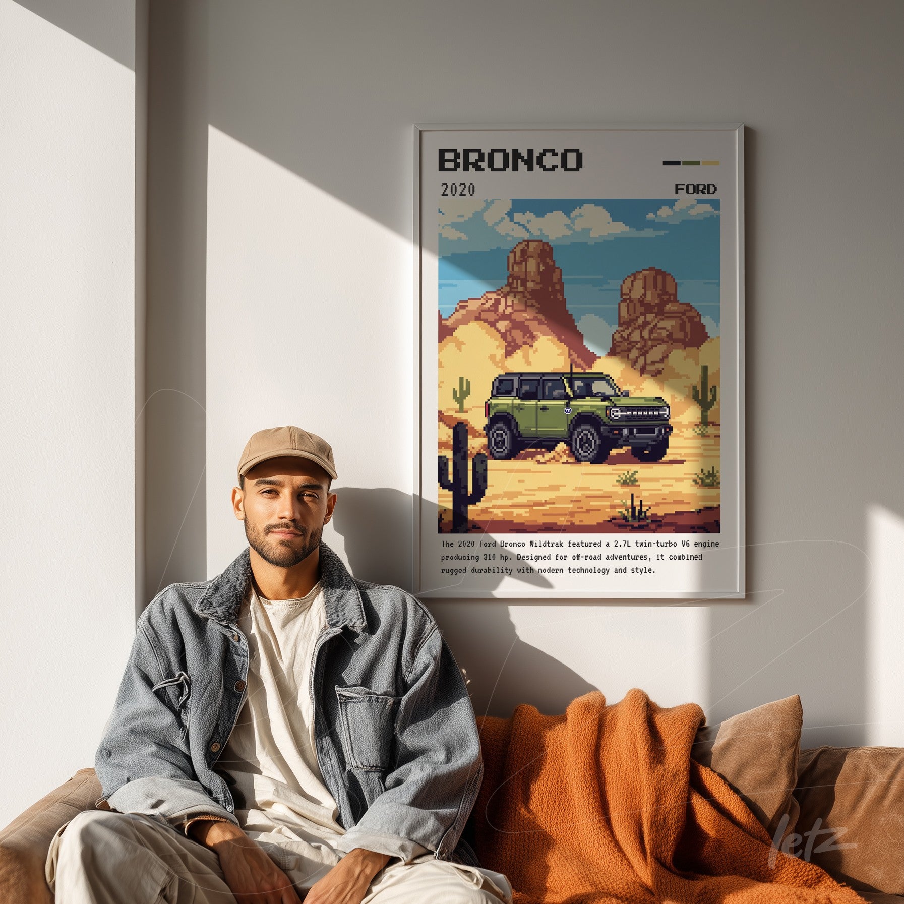 quadro com arte digital estilizada de um carro Ford Bronco em um deserto, moldura branca