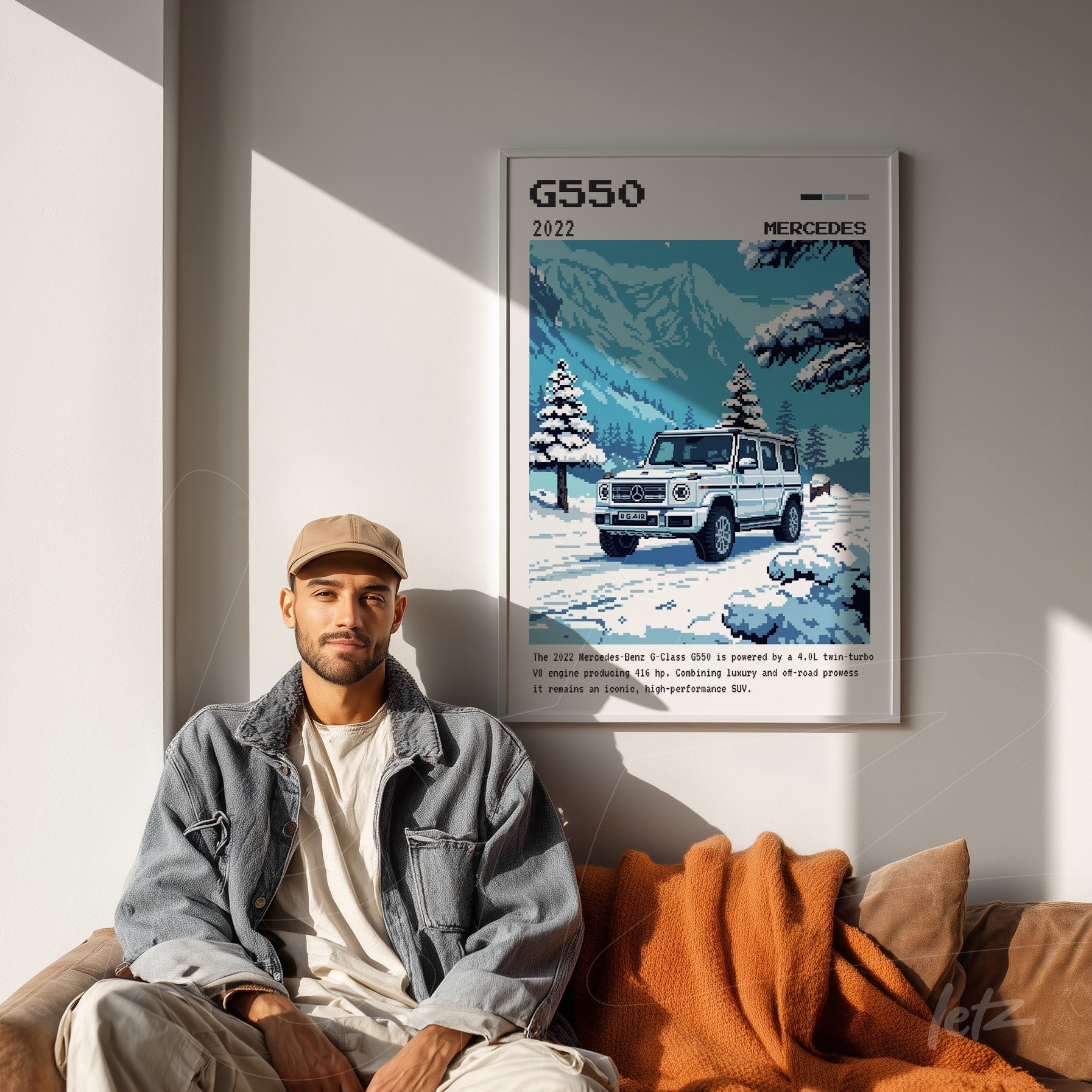 quadro emoldurado com ilustração do carro Mercedes G550 em um cenário montanhoso nevado, com tons de azul e branco