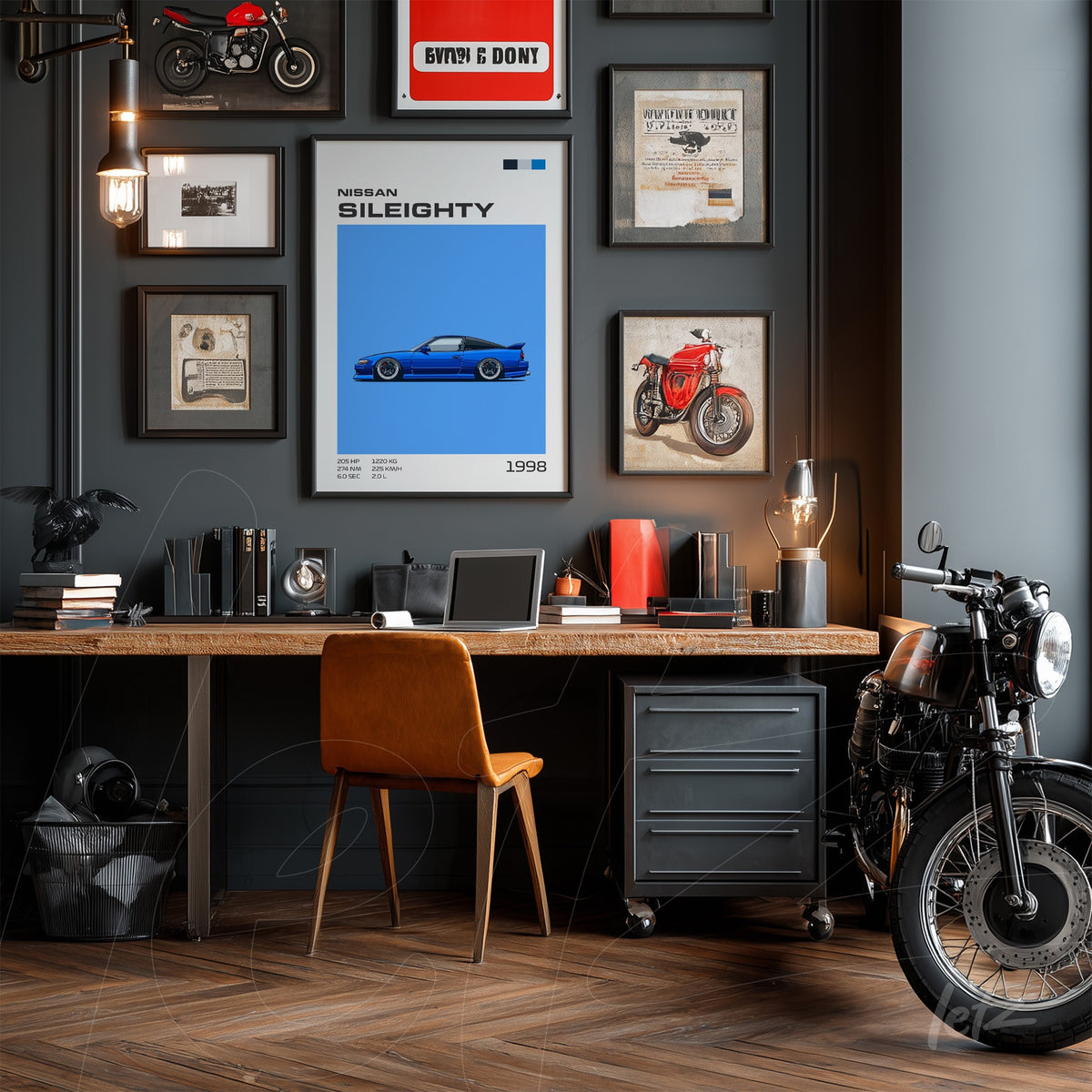 composição de quadros em variedade de estilos na parede de escritório, incluindo arte moderna do carro Nissan Sil80, vintage e fotografias, com mesa de madeira e cadeira de couro