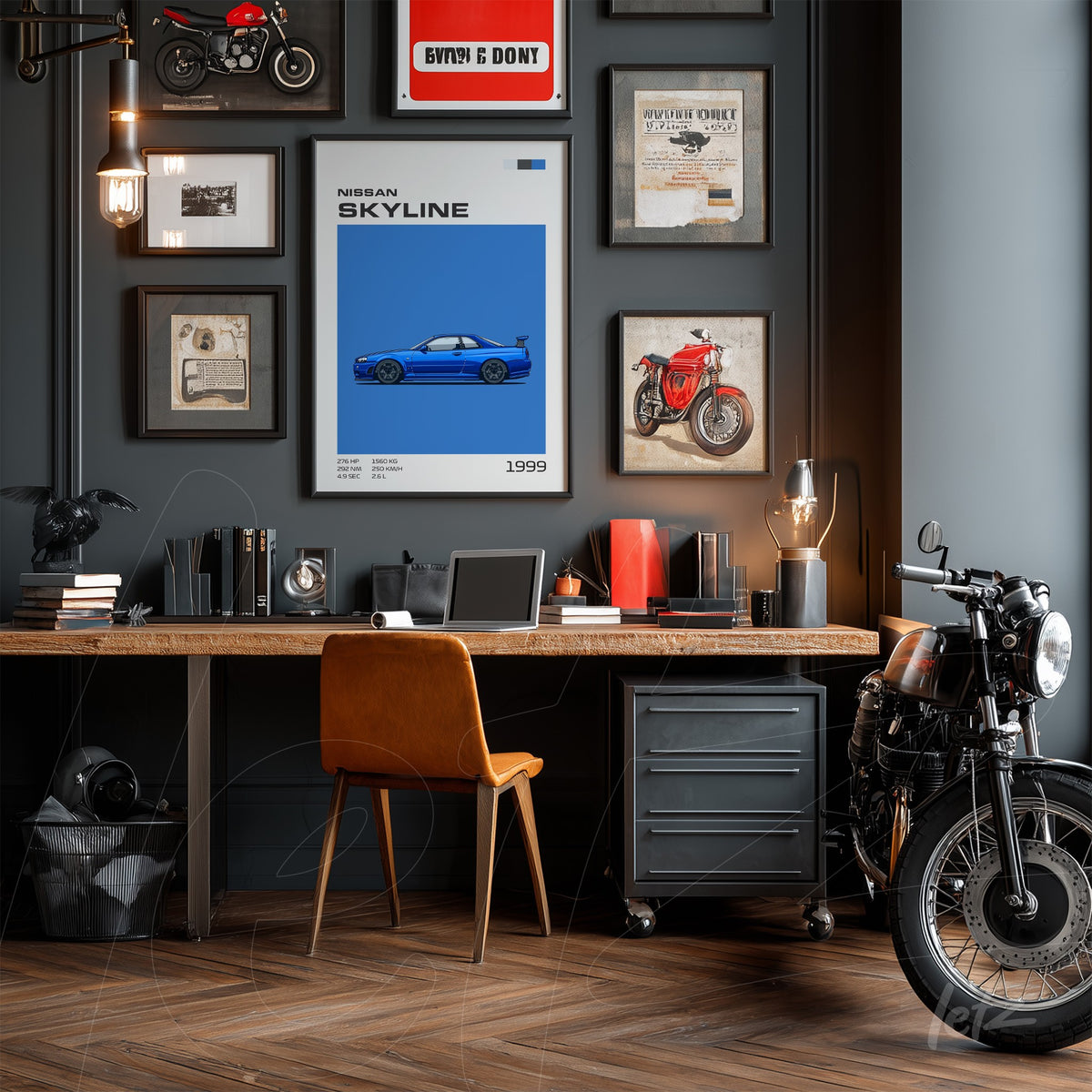 composição de quadros decorativos em parede cinza com tema automobilístico e moto vintage ao lado