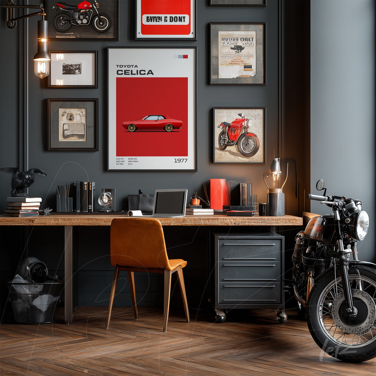 ambiente de escritório moderno com mesa de madeira, cadeira laranja e parede escura adornada com quadros de carros e motos