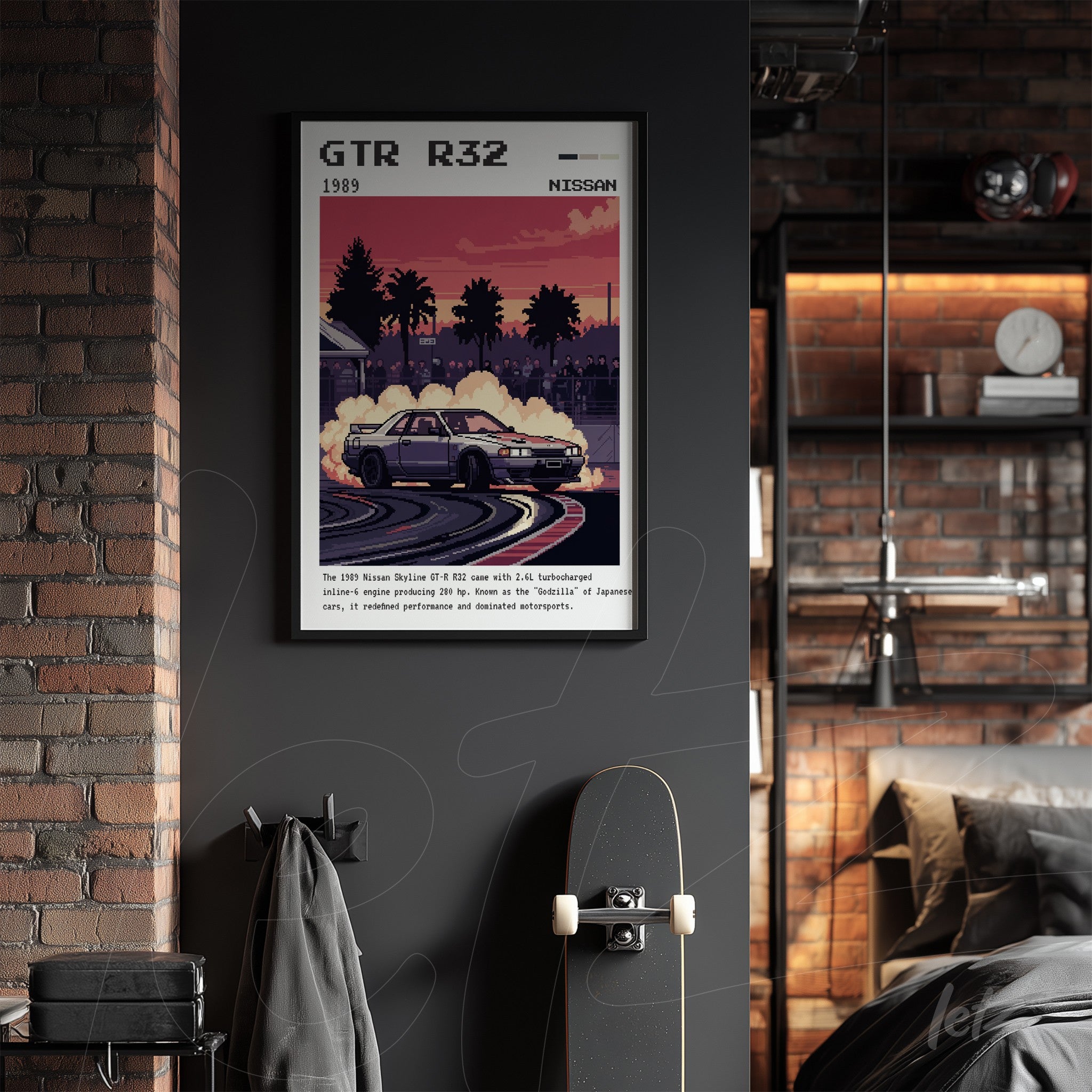 quadro com arte retro de carro esportivo na moldura preta, fundo com paisagem urbana ao entardecer