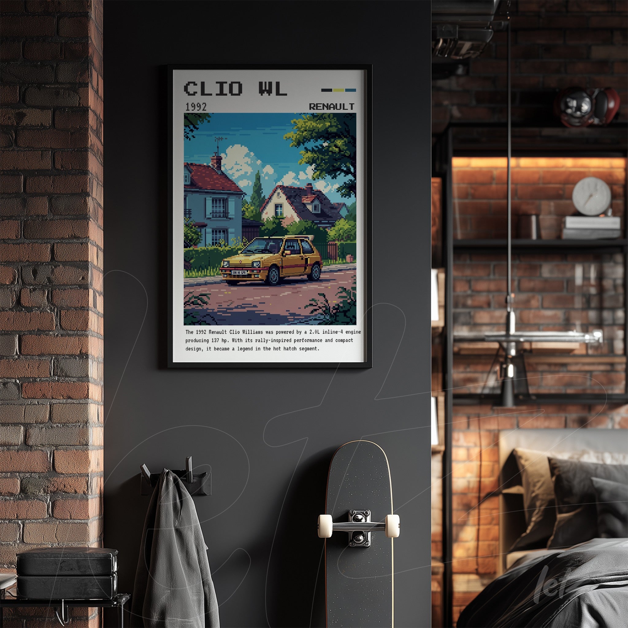 quadro com arte retrô de um carro Renault Clio de 1992, exibido em moldura preta sobre parede escura