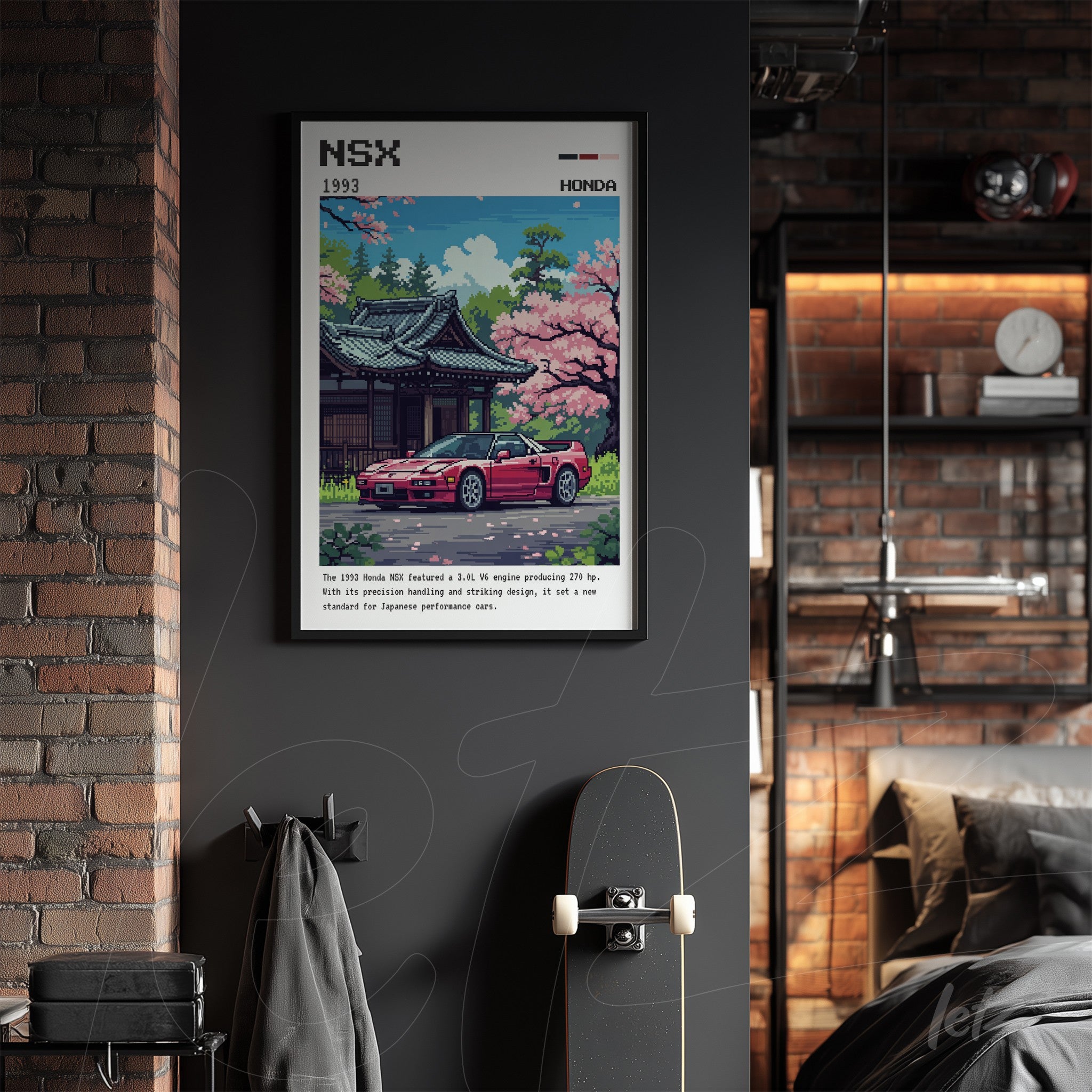 quadro com arte retrô de um carro Honda NSX vermelho em frente a um templo japonês, moldura preta