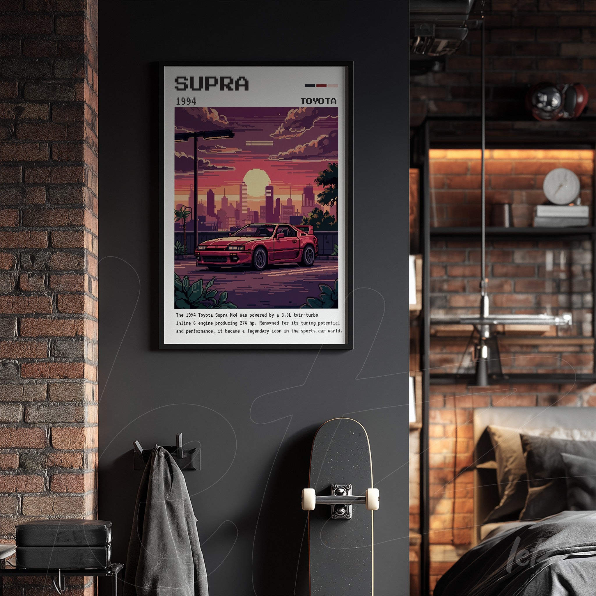 quadro em estilo retrô com ilustracão do carro Toyota Supra 1994 em moldura preta, apresentado sobre parede escura com fundo urbano ao pôr do sol
