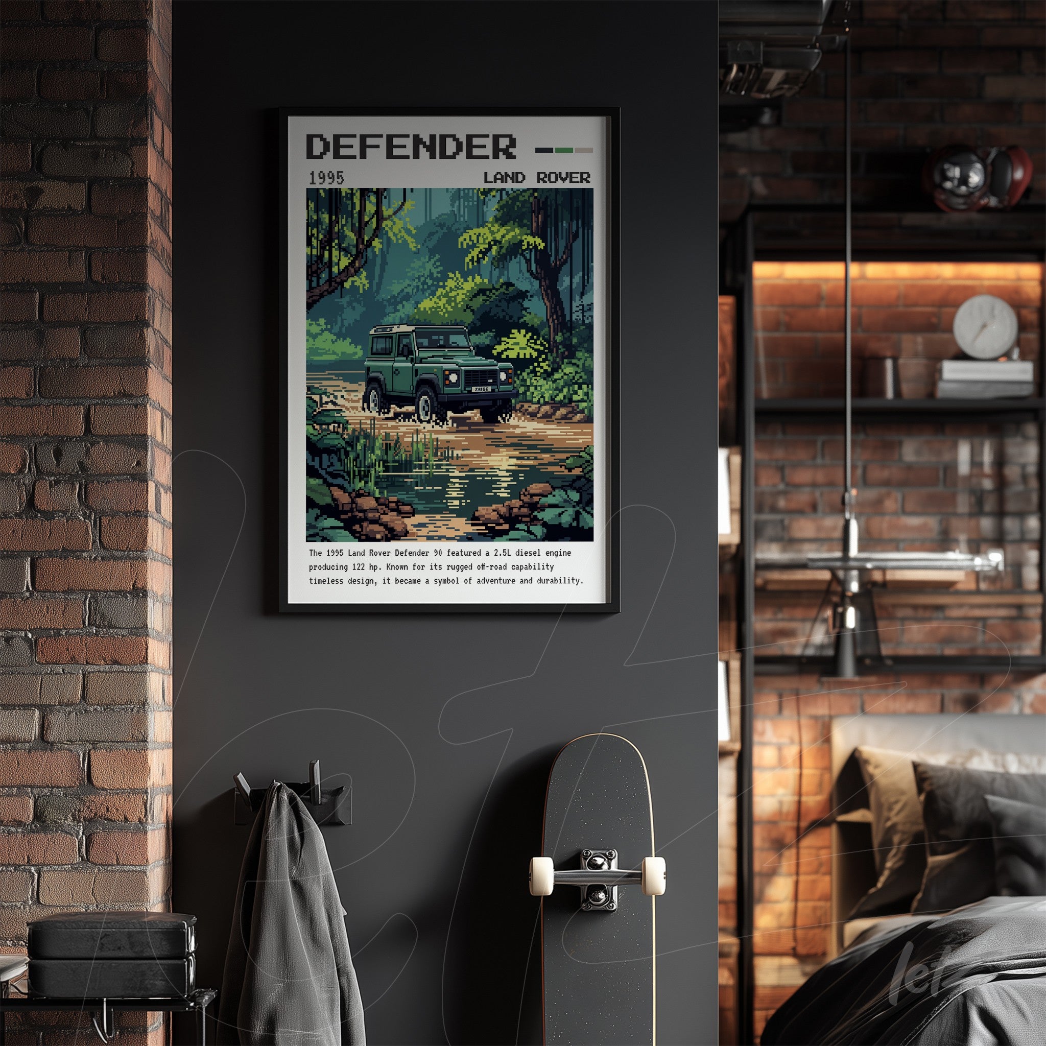 quadro com arte retrô do veículo Land Rover Defender em meio a uma floresta, moldura preta e estilo vintage