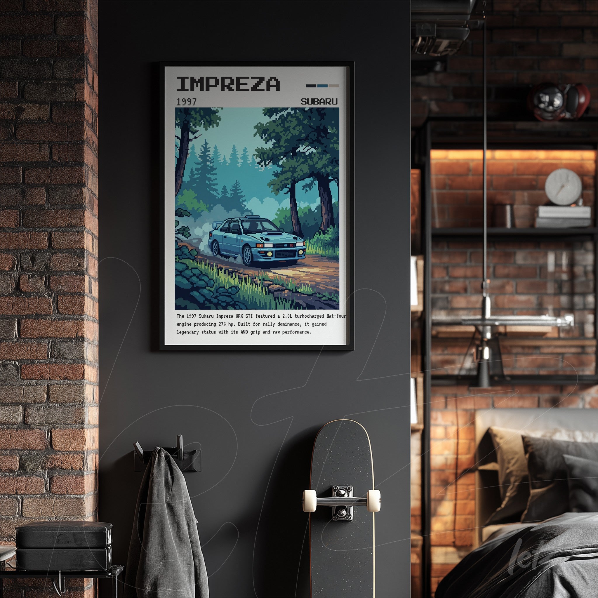 quadro com ilustração vintage do carro Subaru Impreza de 1997 em moldura preta, exibido em parede de tijolos expostos