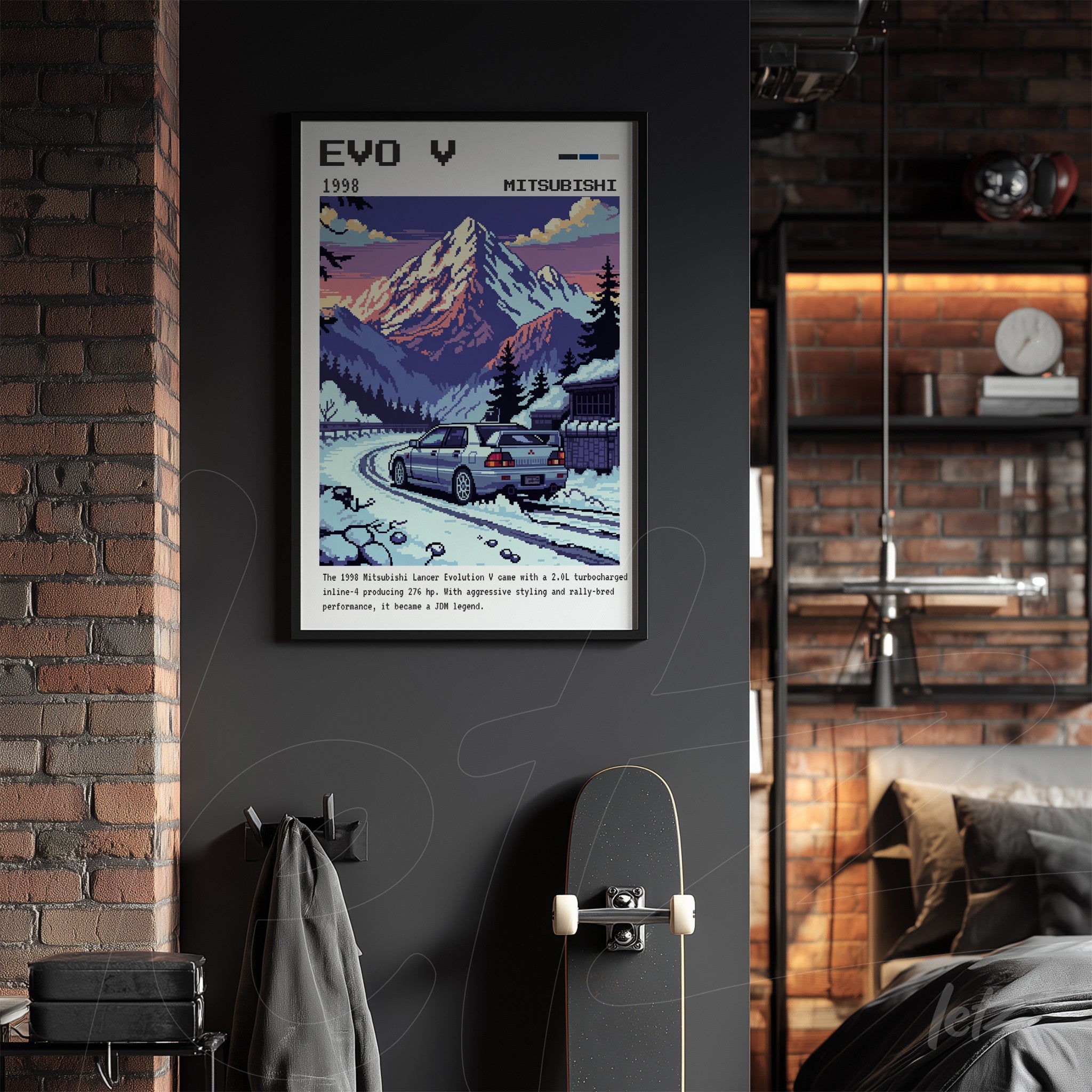 quadro com arte retrô de carro Mitsubishi Evo V 1998 em montanha coberta de neve, moldura preta sobre parede de tijolos expostos