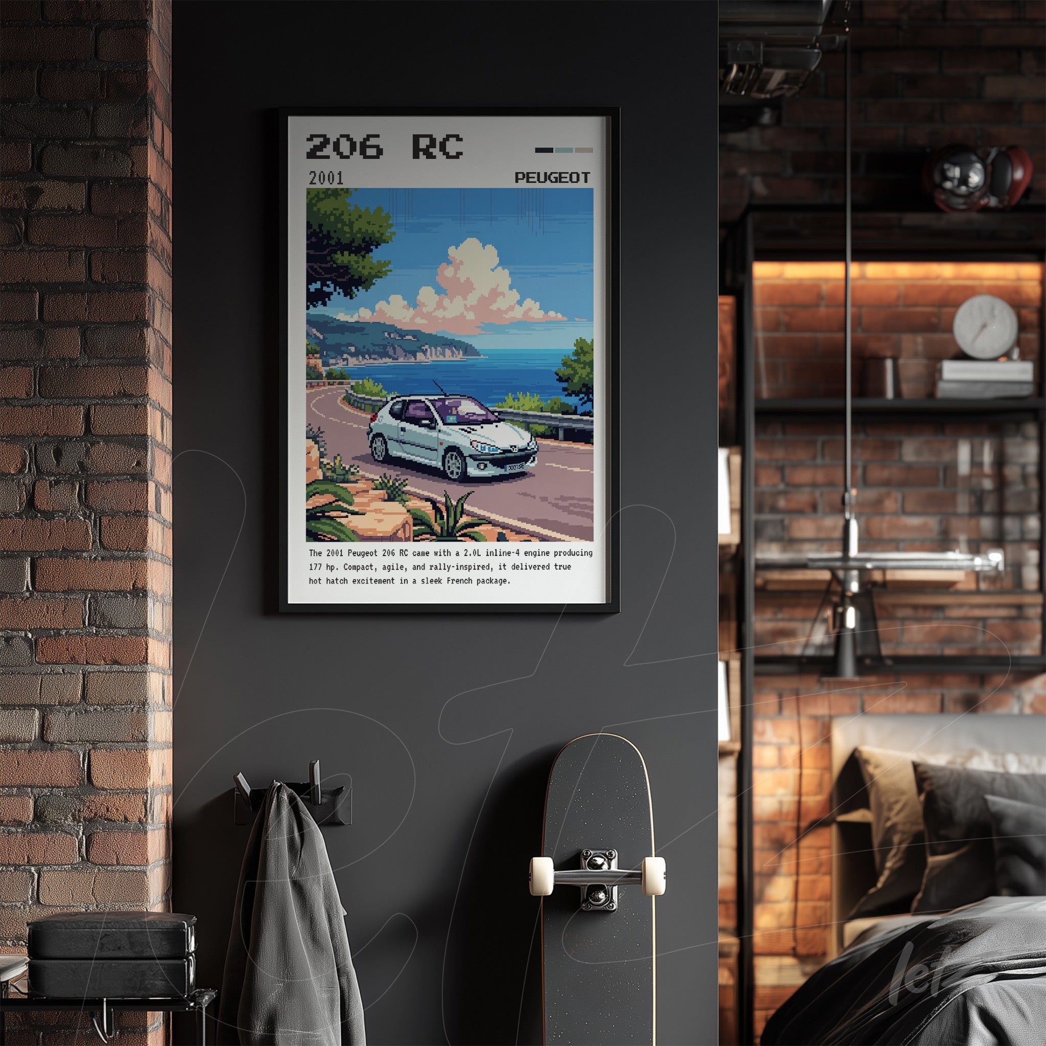 quadro com arte digital de um carro Peugeot 206 RC em uma estrada à beira-mar com uma moldura preta