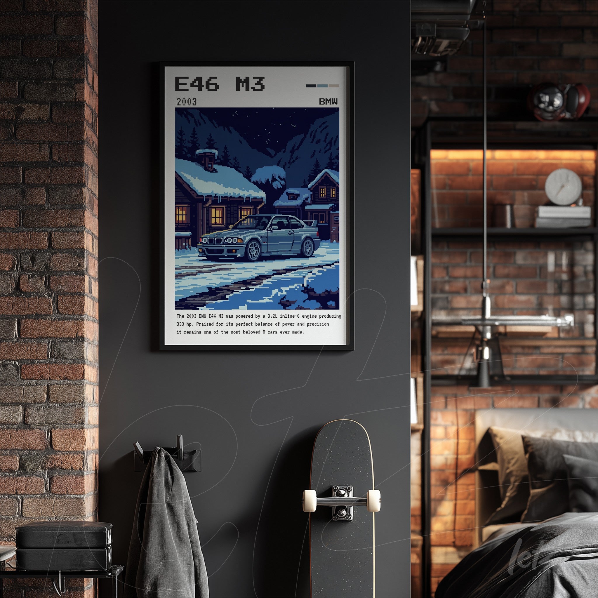 quadro em moldura preta com ilustração do BMW E46 M3 em cenário noturno com casas de madeira cobertas de neve
