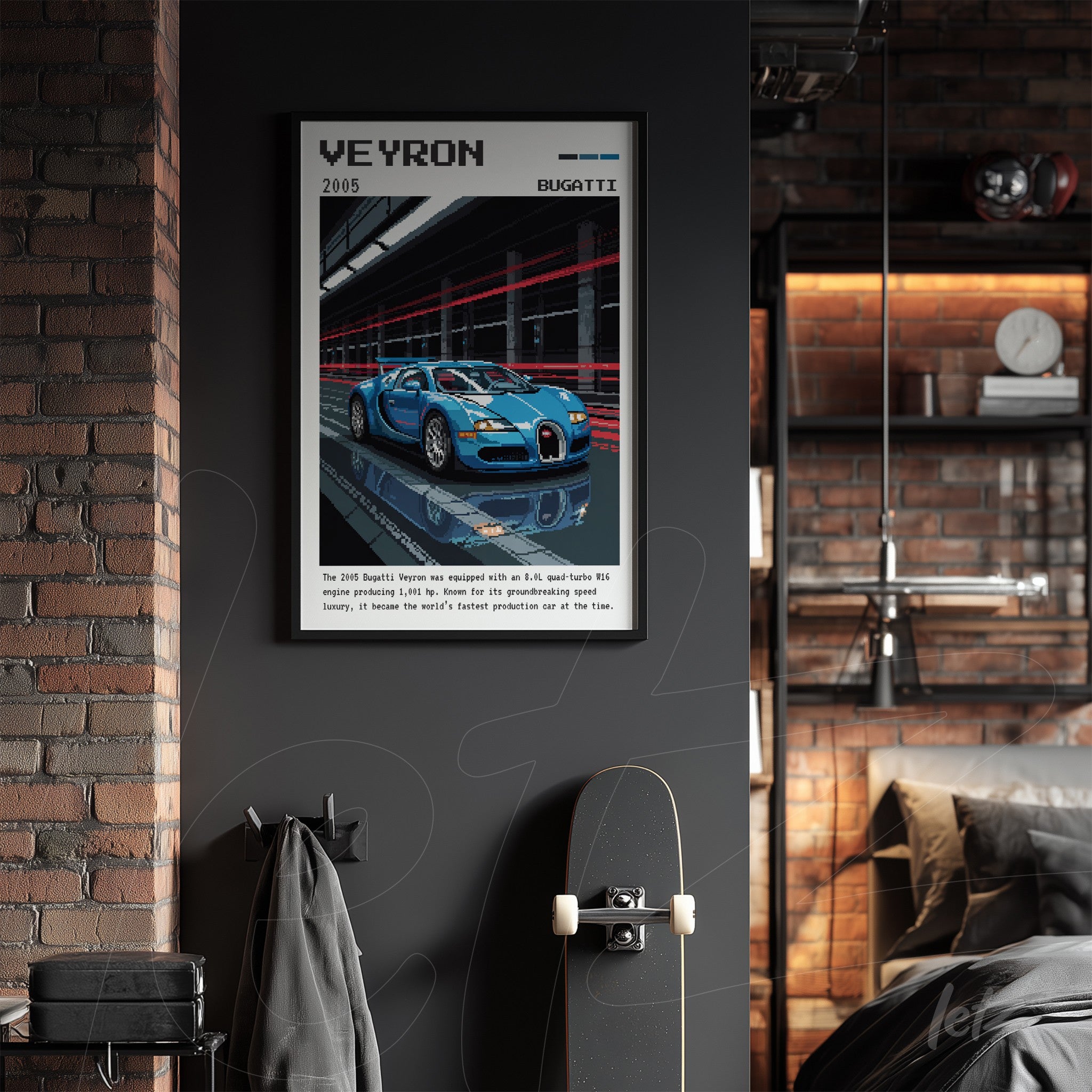 quadro com arte digital de um carro Bugatti Veyron em moldura preta com fundo escuro