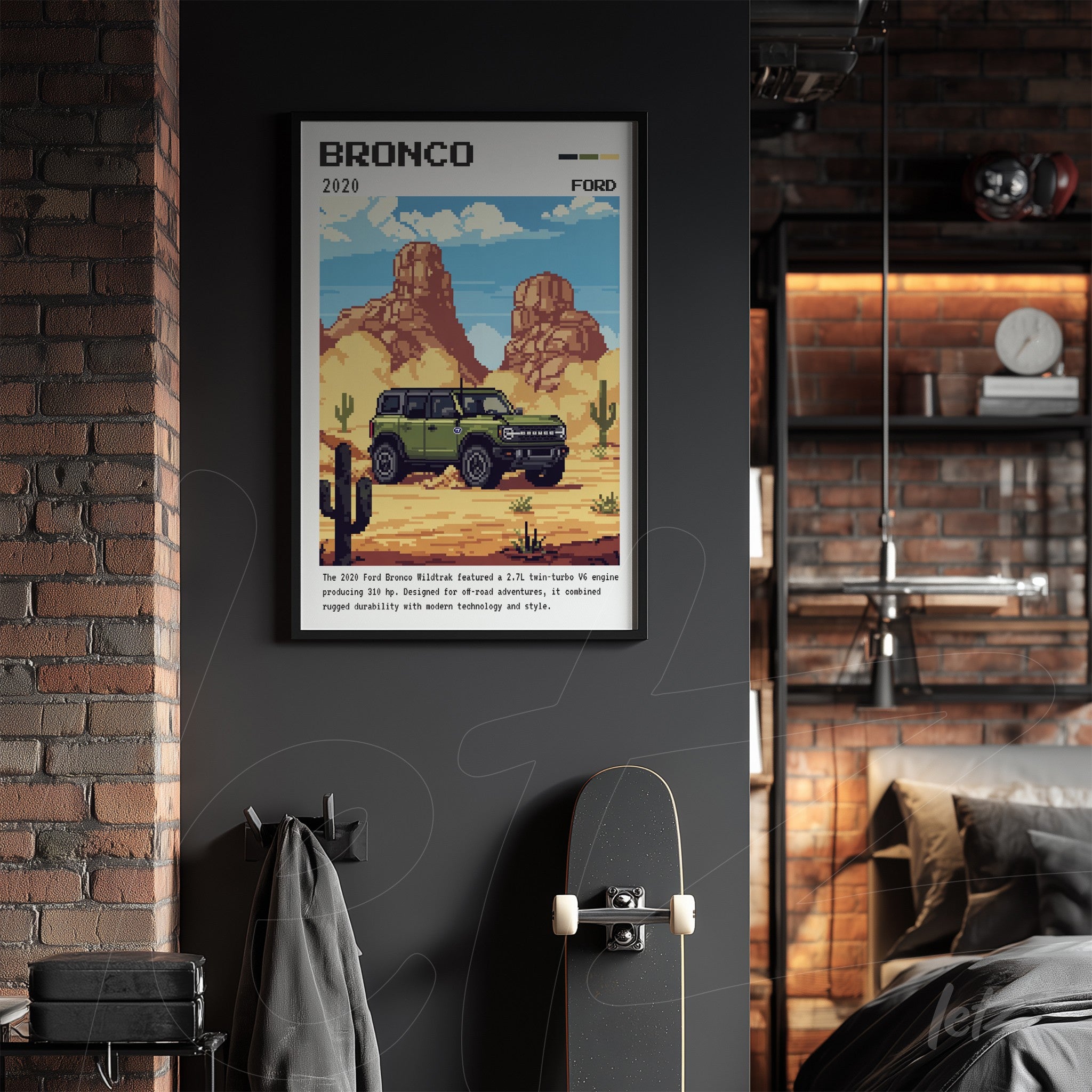 quadro em estilo pixel art retratando o Ford Bronco de 2020, com fundo desértico e cactos em uma moldura preta