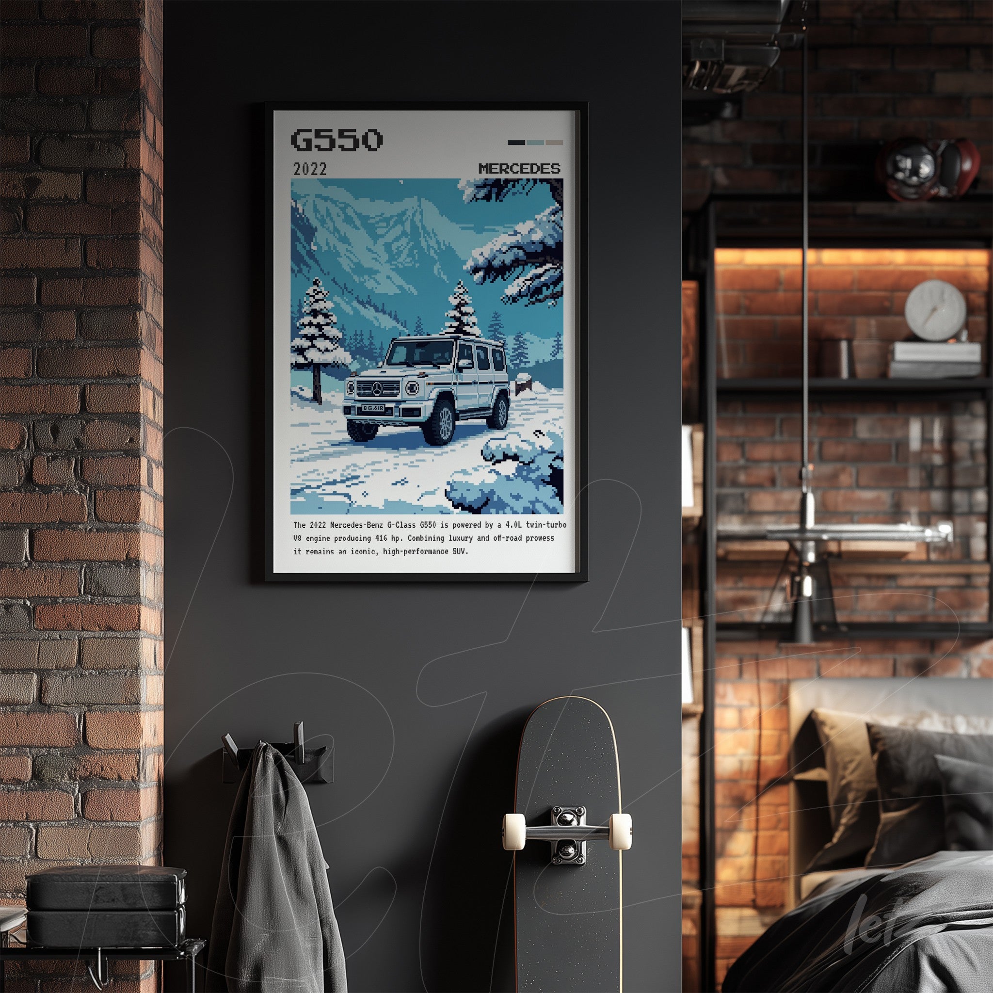 quadro com arte digital do carro Mercedes-Benz G550 2022 em ambiente de parede escura com detalhes em madeira