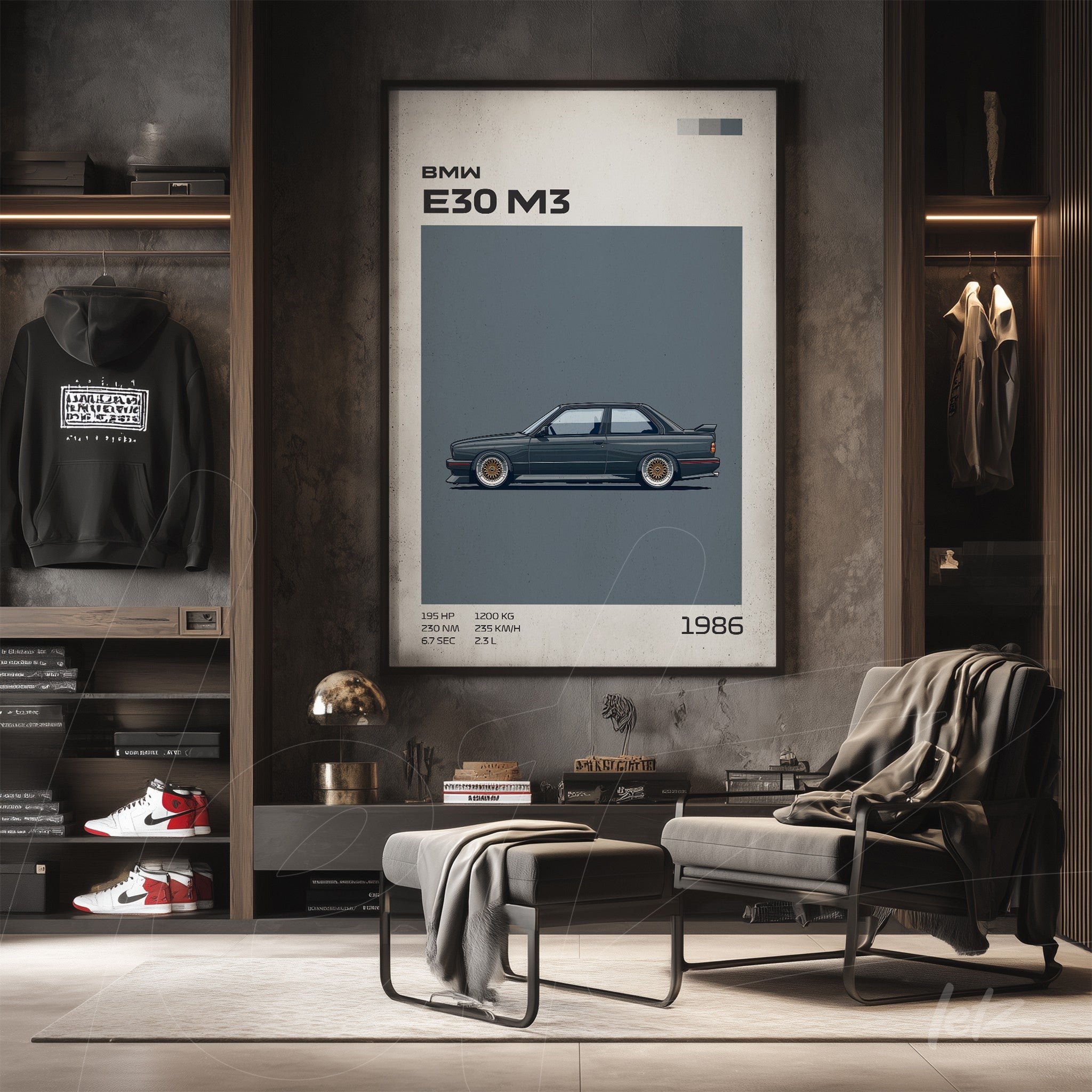 quadro com ilustração do carro BMW E30 M3 em moldura clara, exposto em ambiente moderno com parede de concreto e decoração minimalista