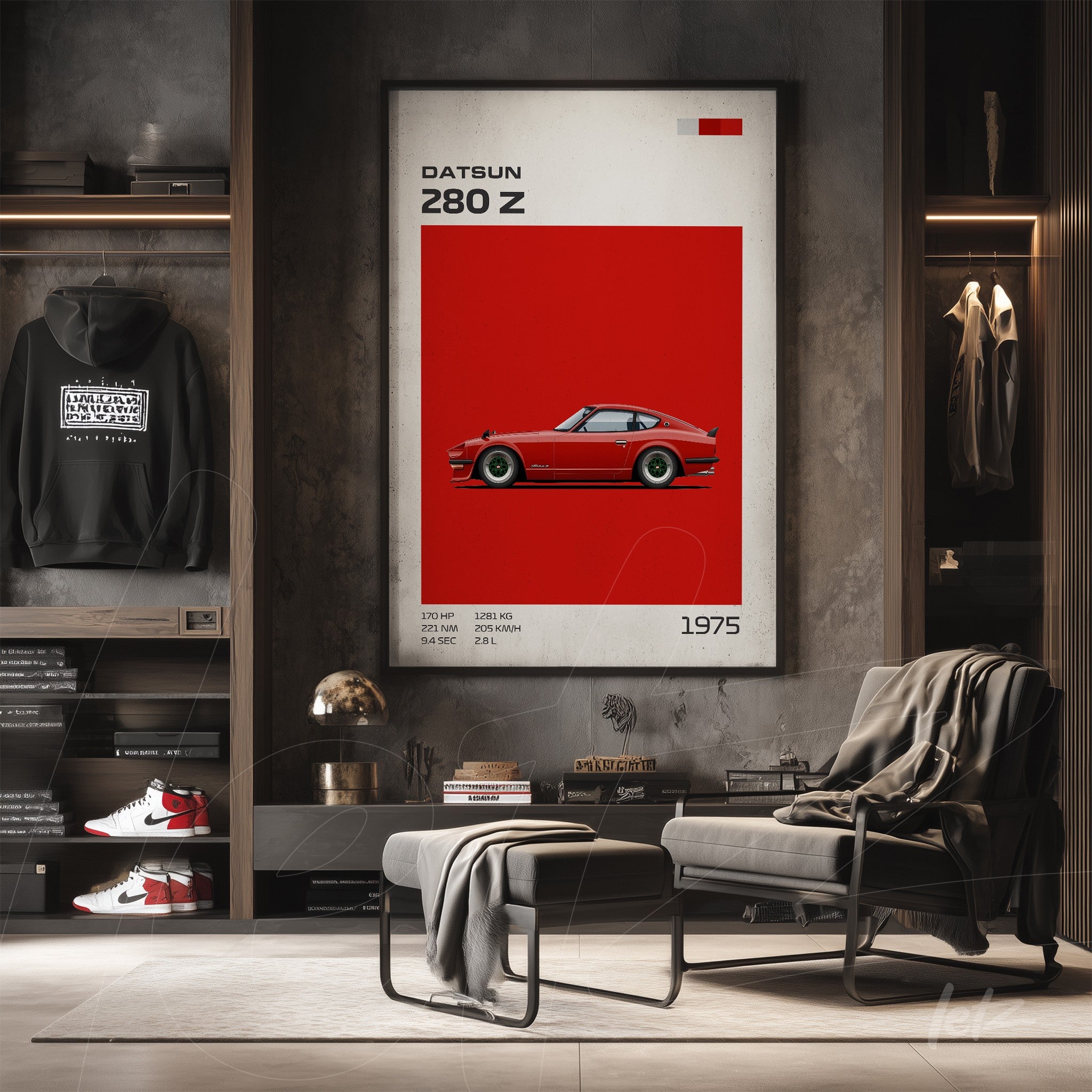 quadro com arte digital do carro Datsun 280 Z em fundo vermelho, moldura moderna