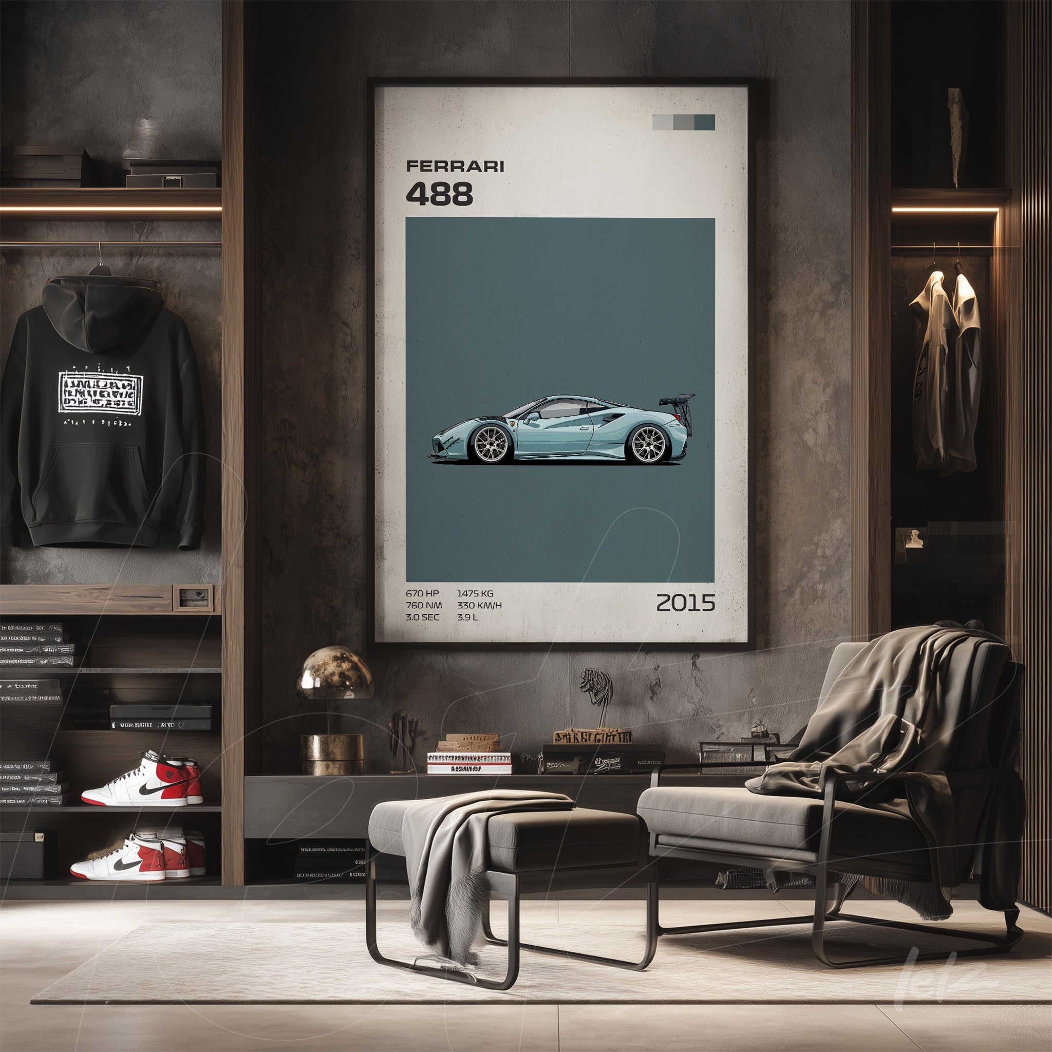 quadro com arte minimalista do carro Ferrari 488, moldura elegante sobre parede cinza, exibido ao lado de prateleira com roupas e tênis