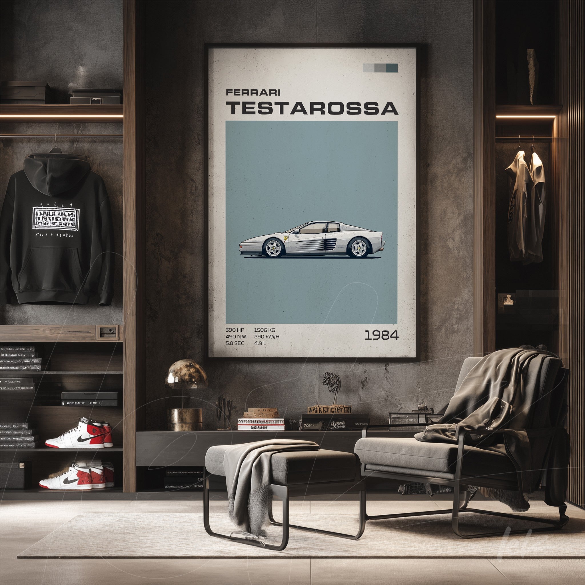 quadro com ilustração minimalista do carro Ferrari Testarossa em moldura clara sobre parede de textura cinza