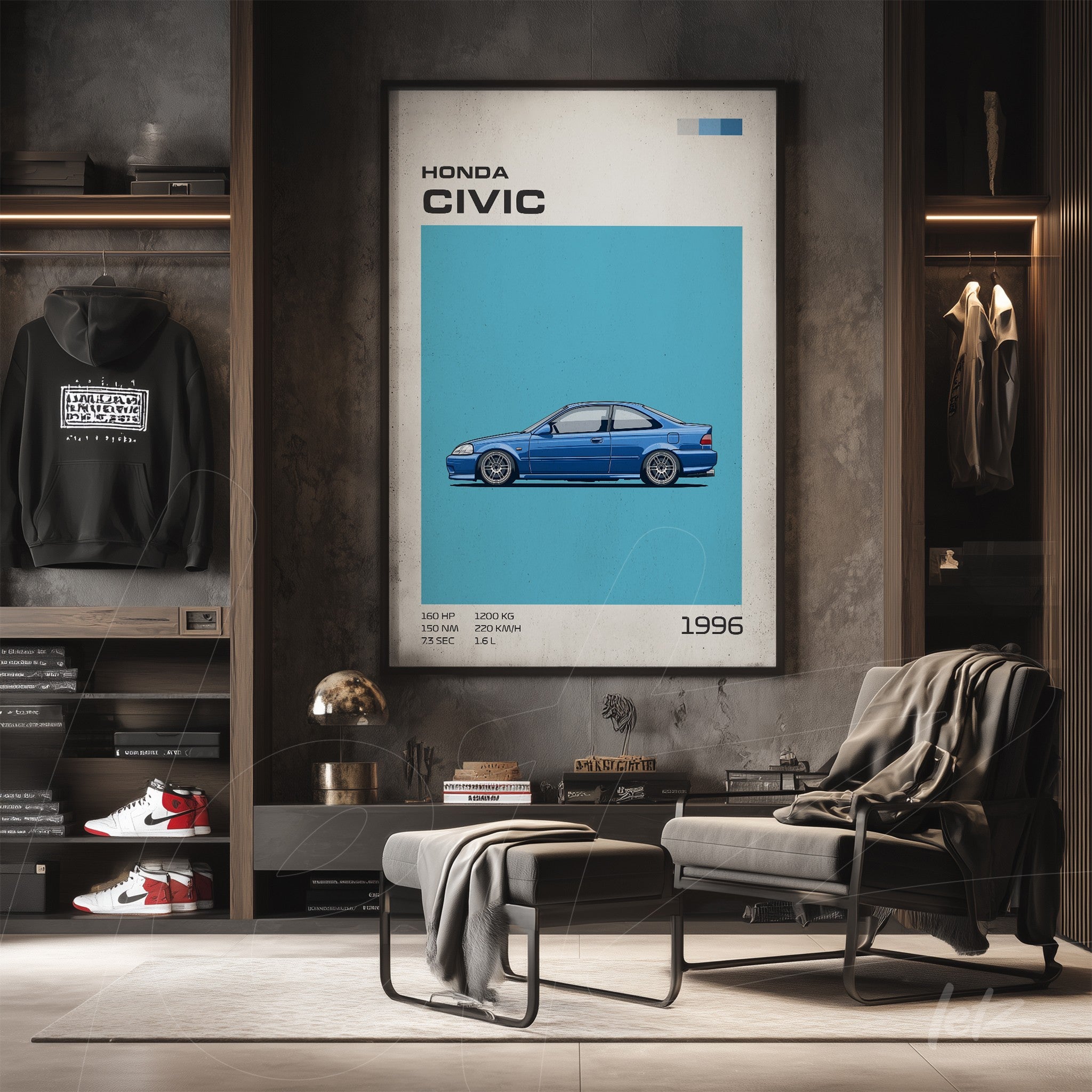 quadro com ilustração de carro Honda Civic azul em fundo azul, moldura com estilo retrô