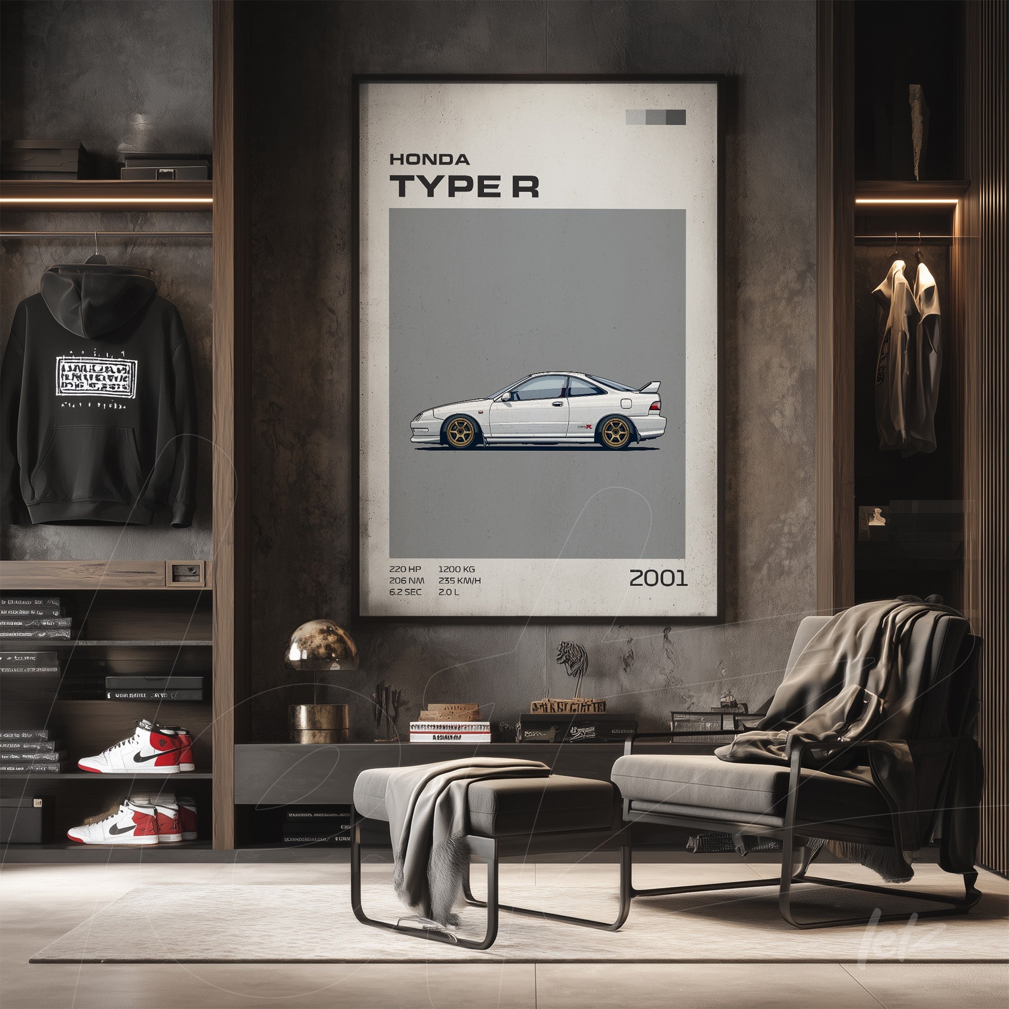 quadro decorativo com ilustração do carro Honda Type R de 2001 em moldura simples sobre parede cinza