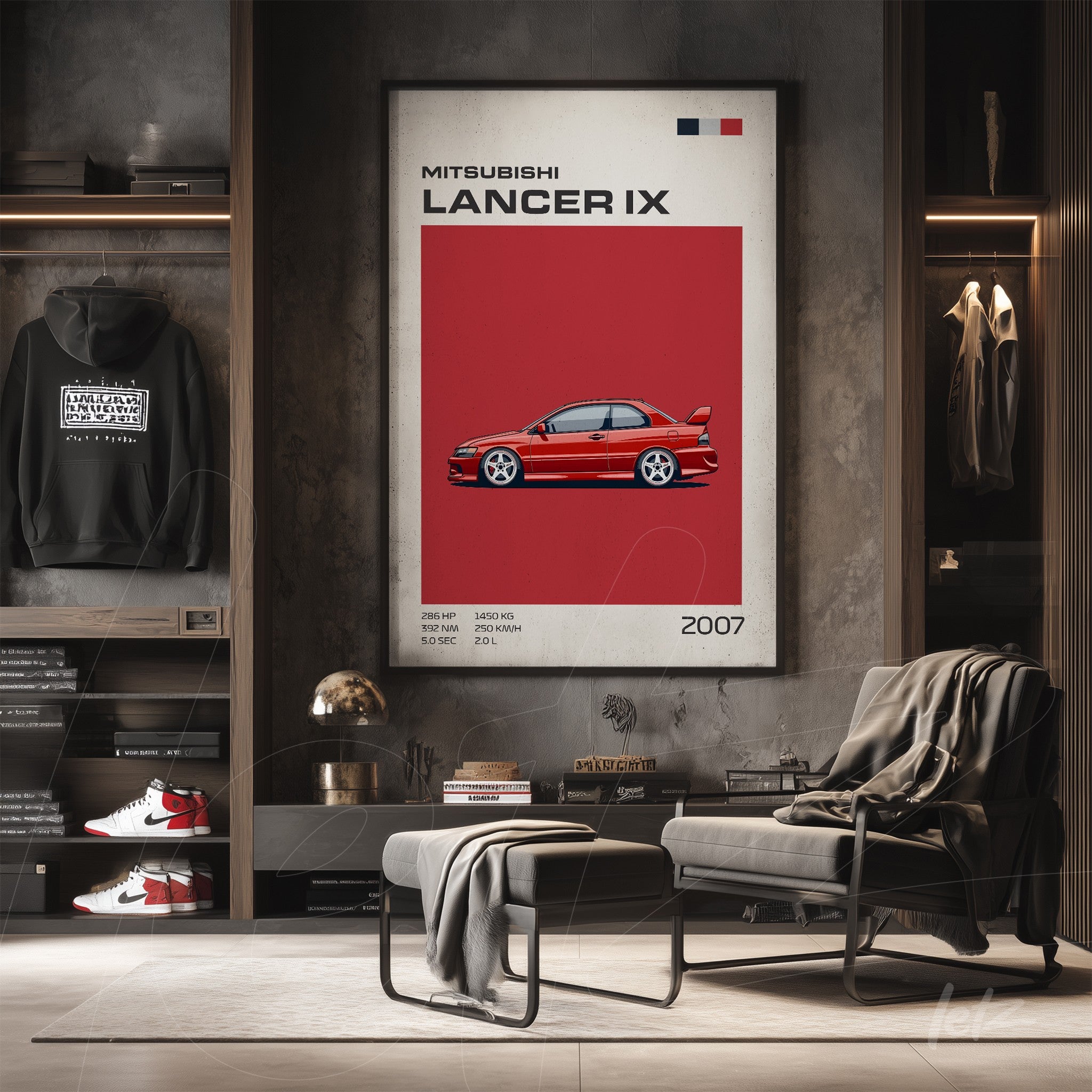 quadro com arte gráfica do Mitsubishi Lancer IX em destaque vermelho e elementos modernos em ambiente de decoração minimalista
