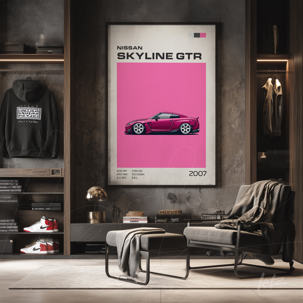 quadro com arte digital do carro Nissan Skyline GTR em fundo rosa vibrante e moldura clara