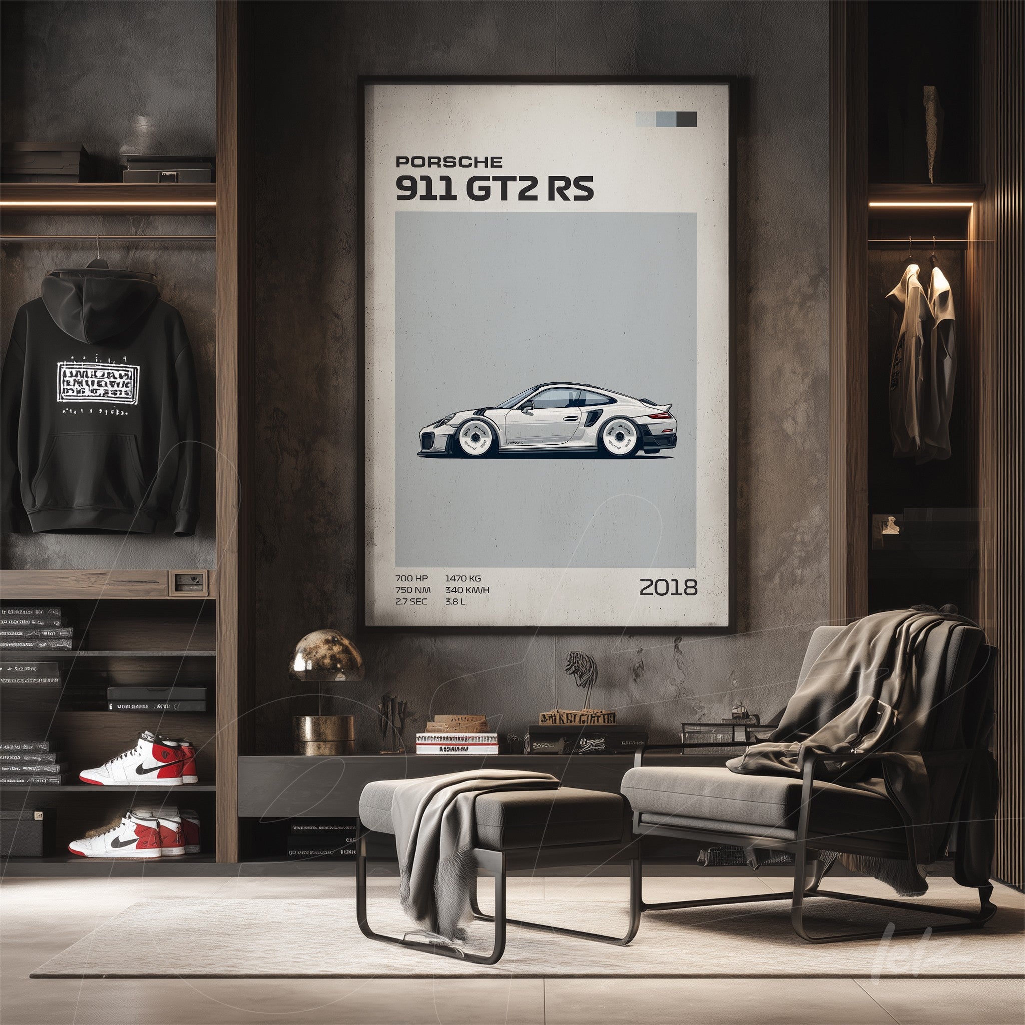 quadro em moldura grande com ilustração minimalista da Porsche 911 GT2 RS, exibido em ambiente moderno com prateleiras de madeira e elementos decorativos