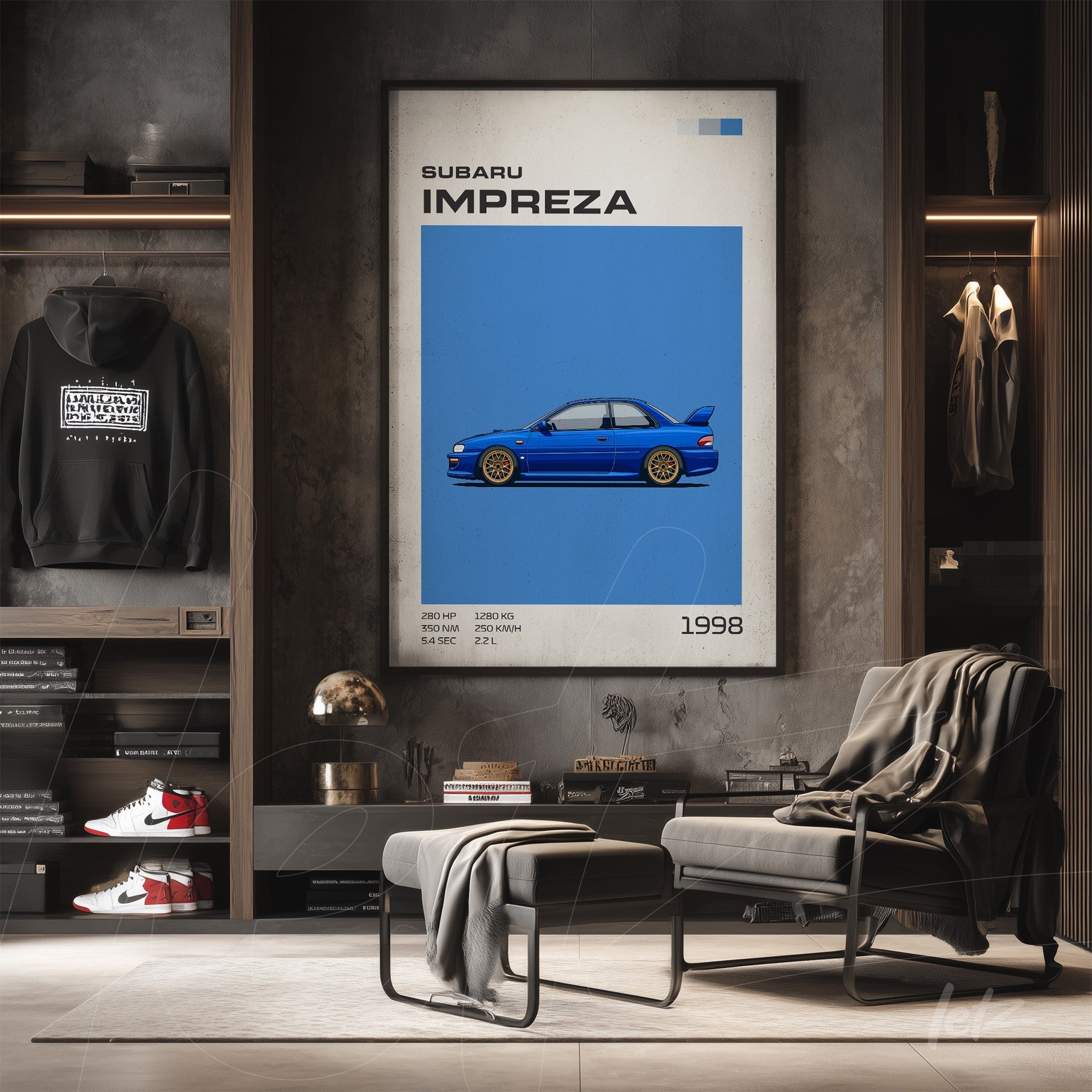 quadro com arte digital de um carro Subaru Impreza em destaque sobre fundo azul, moldura clara e informações do modelo em texto