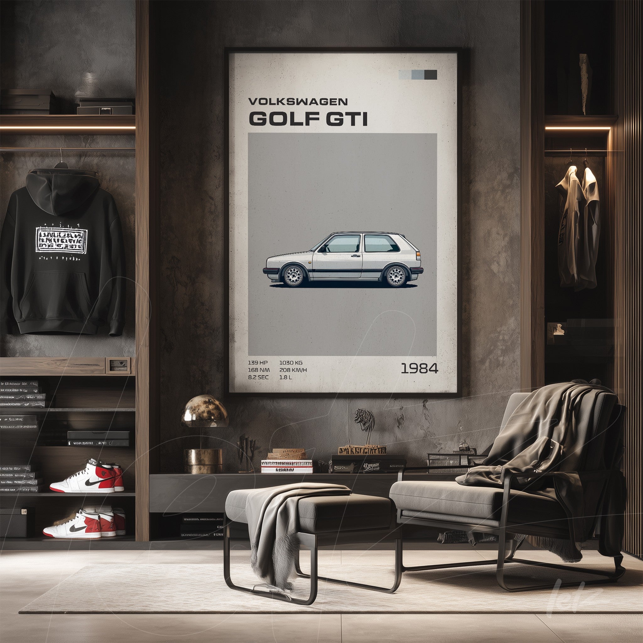 quadro com ilustração do Volkswagen Golf GTI de 1984 em moldura larga sobre parede cinza
