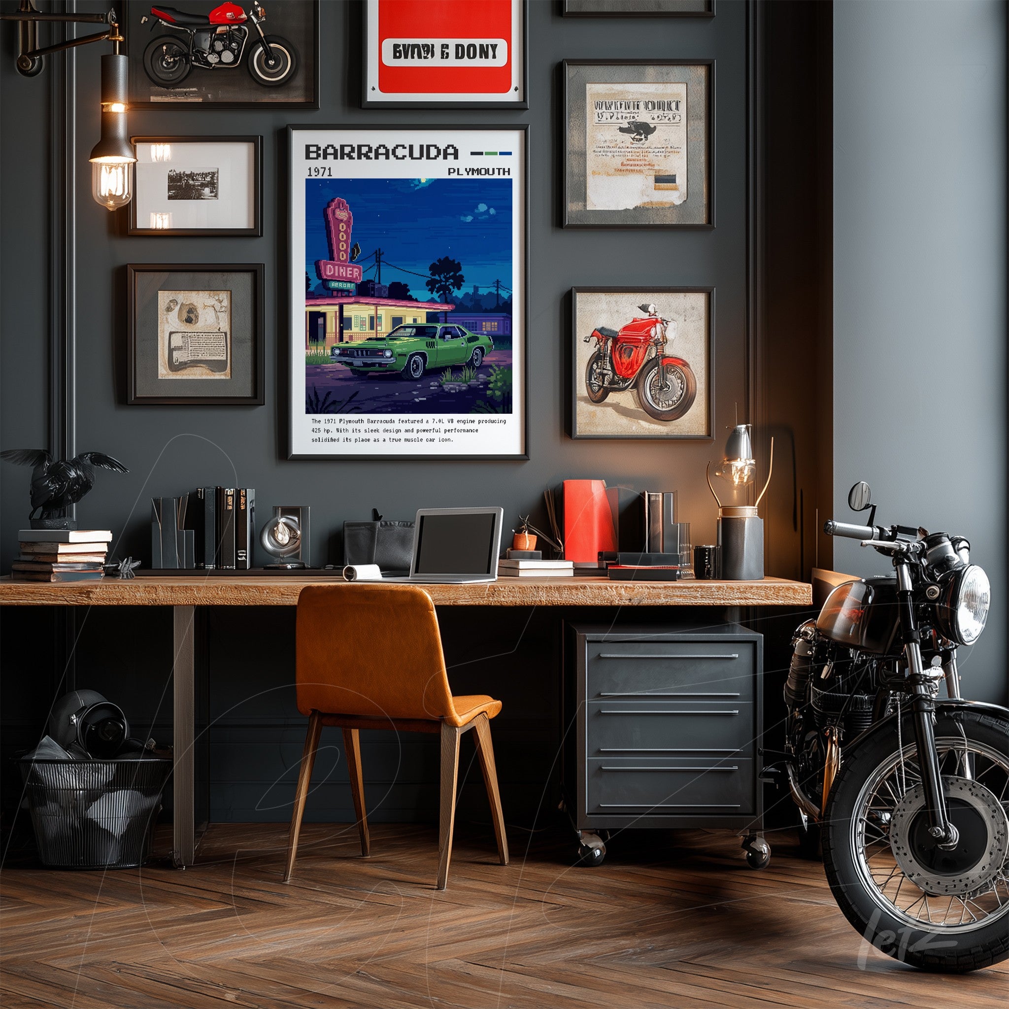 quadro decorativo com arte retro de moto emoldurado em uma parede cinza, acompanhado por itens de design industrial e uma motocicleta vintage em destaque