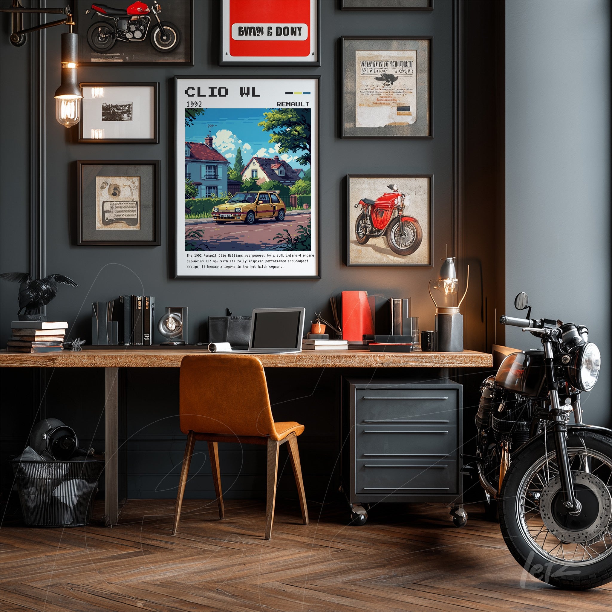 quadro emoldurado com arte retrô de carro clássico sobre parede cinza, decorado com itens de motocicleta e diversas molduras