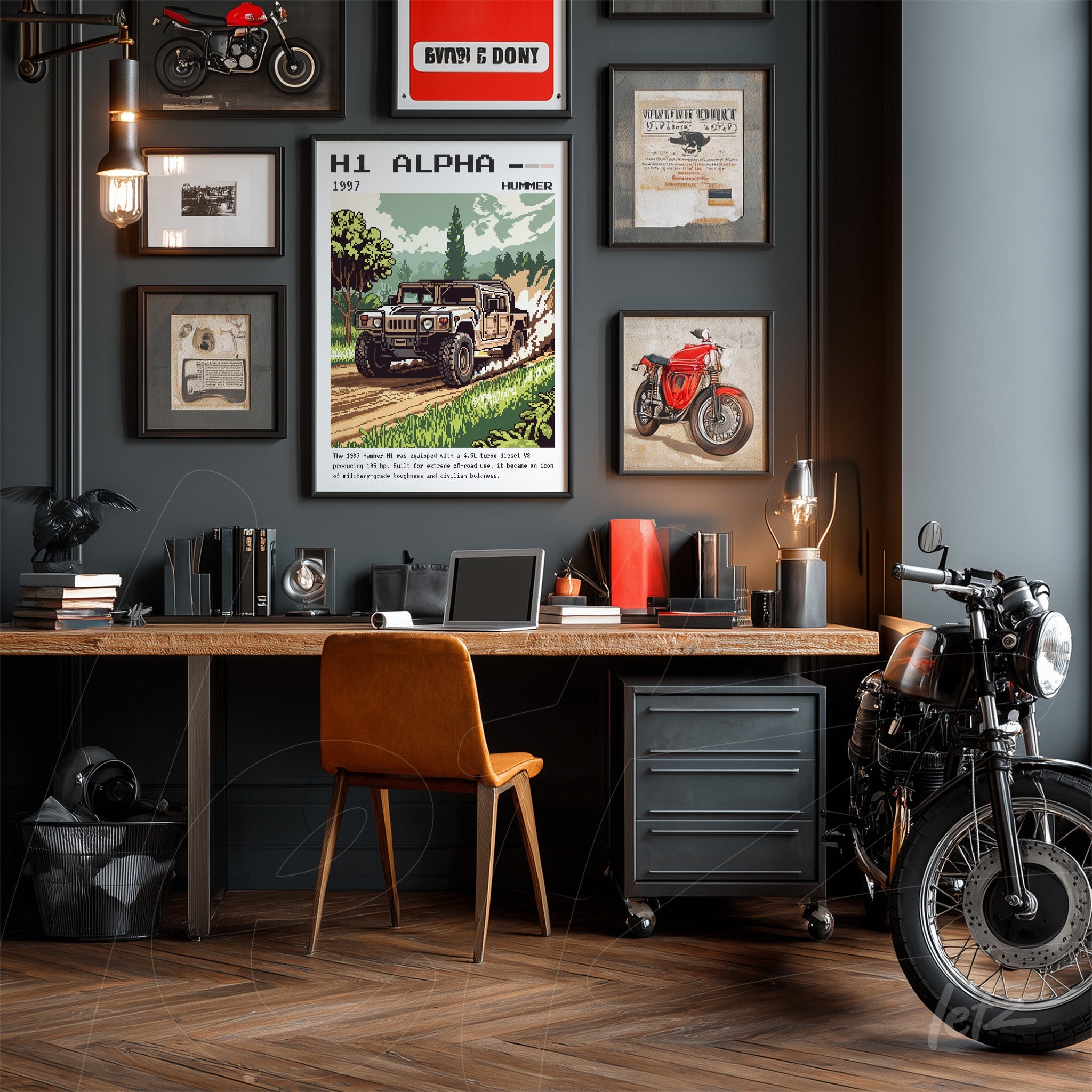 composição de quadros com temas automobilísticos sobre parede cinza em ambiente de escritório moderno, incluindo arte de caminhão H1 Alpha e ilustração de motocicleta vermelha