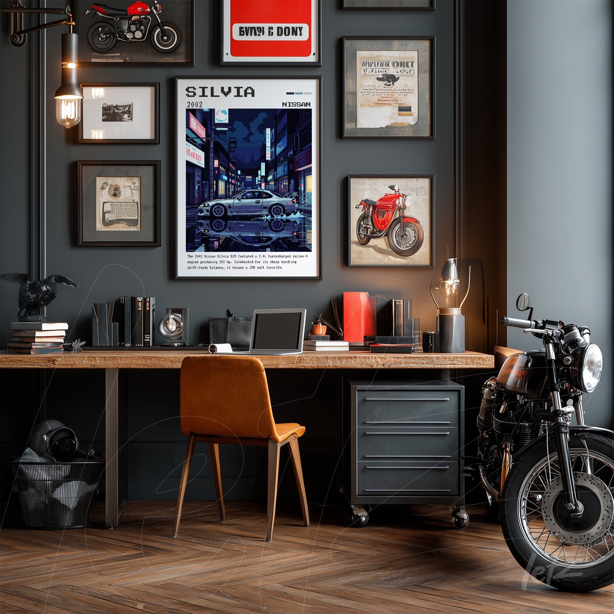 quadro de arte digital com ilustração de um carro esportivo em um cenário urbano, emoldurado e exibido em parede cinza com outras peças decorativas