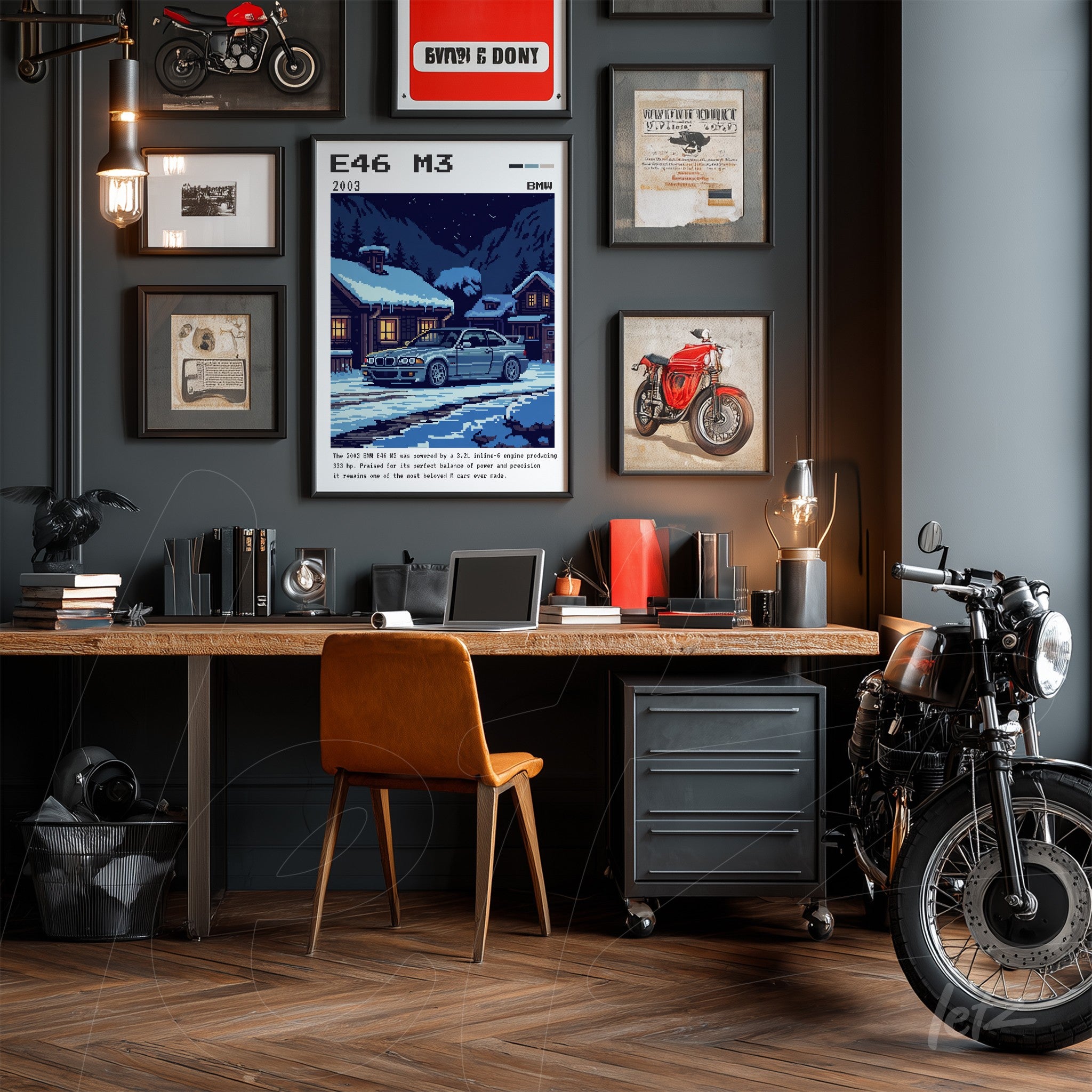 quadro com arte digital do carro E46 M3 em estilo retrô, exposto em uma parede escura com várias molduras ao redor