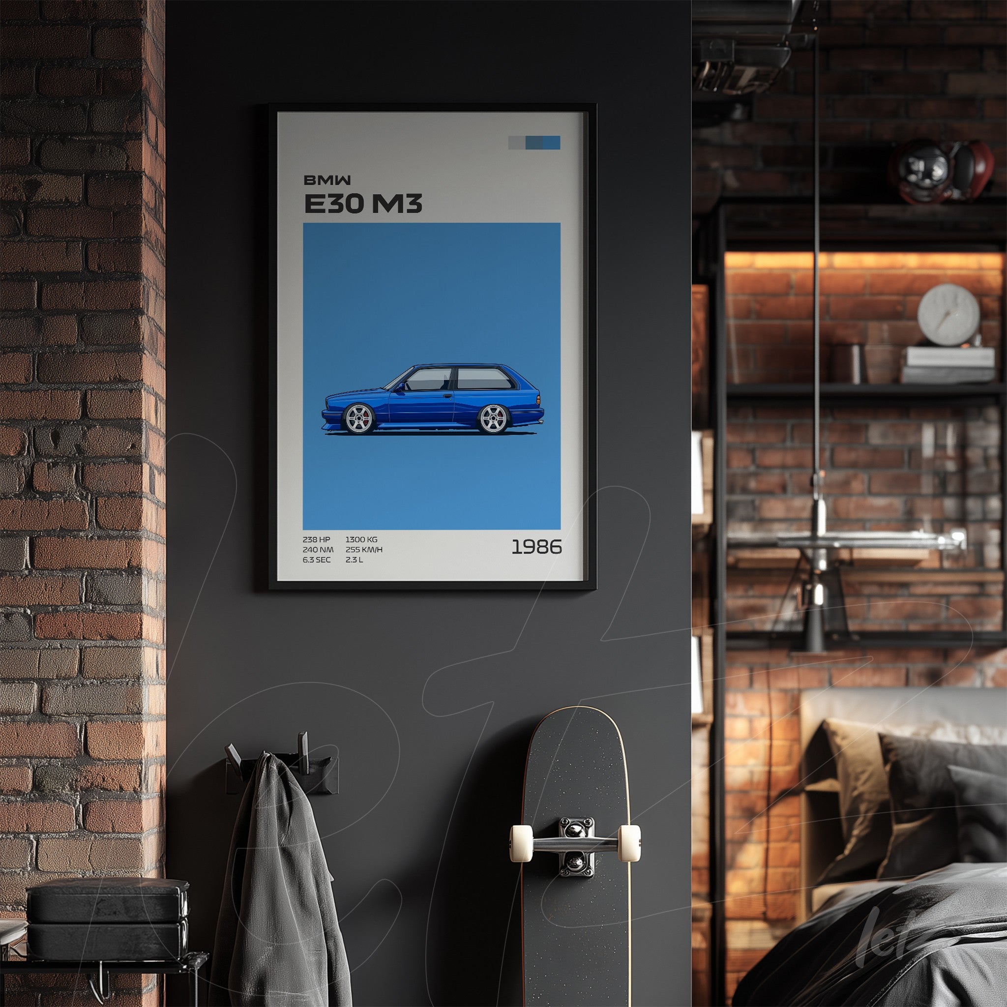 quadro com ilustração detalhada do carro BMW E30 M3 em fundo azul, com moldura preta em ambiente moderno