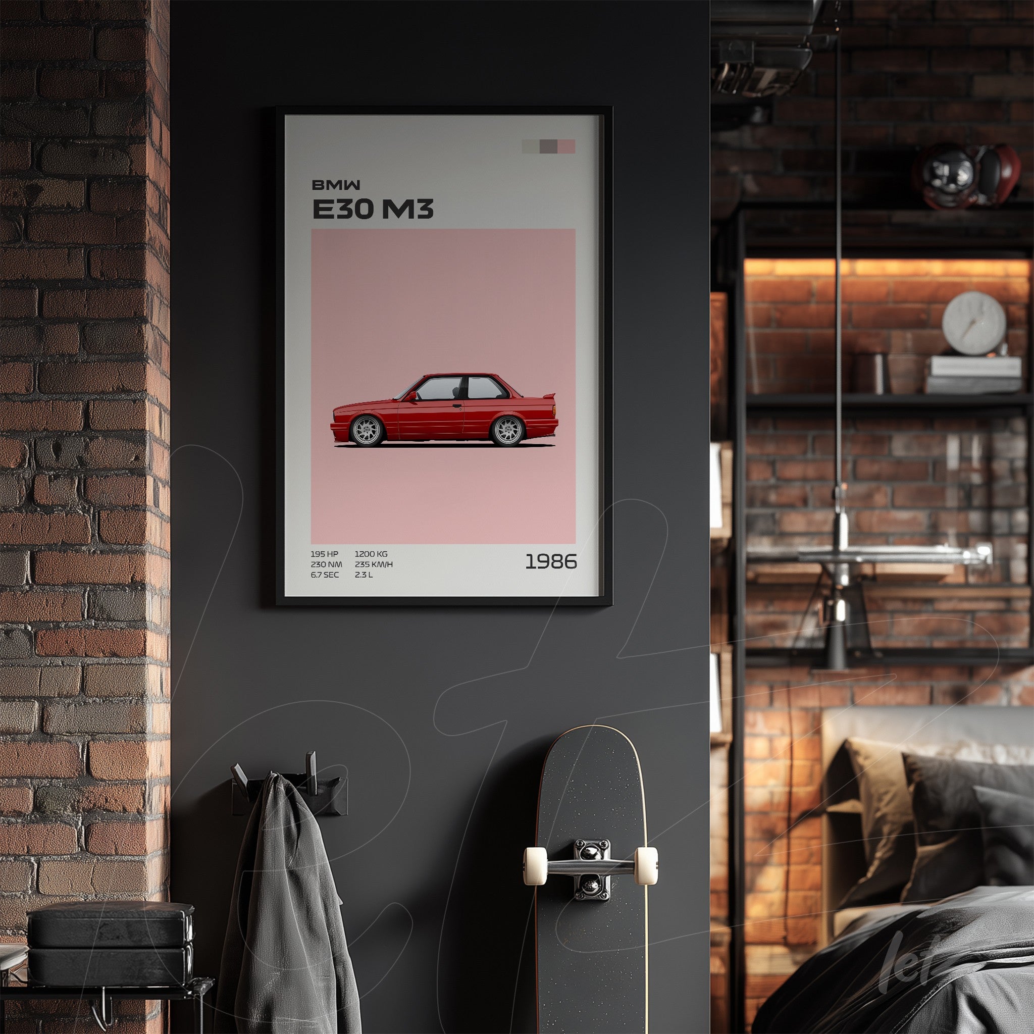 quadro com arte digital do carro BMW E30 M3 em moldura preta, exibido sobre parede escura