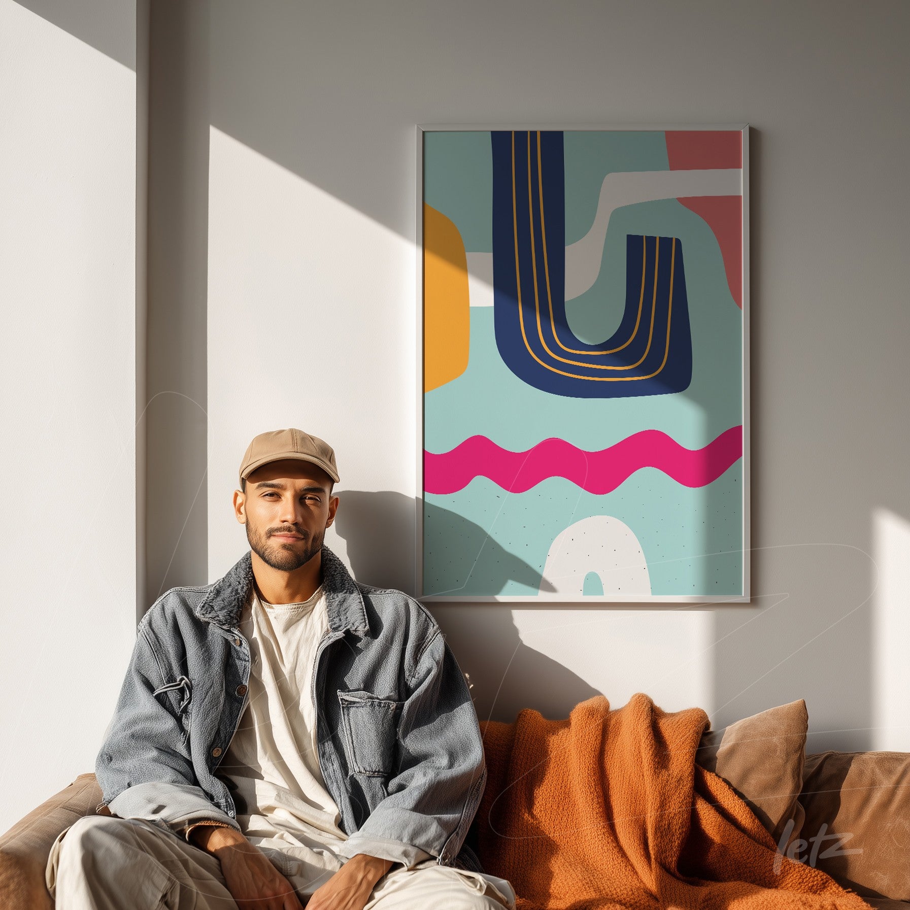 ```json
{
"alt": "quadro boho moderno com formas geométricas coloridas em moldura branca exibido em ambiente de sala de estar",
"alt_en": "modern boho style art with colorful geometric shapes in white frame displayed in a living room setting"
}
```